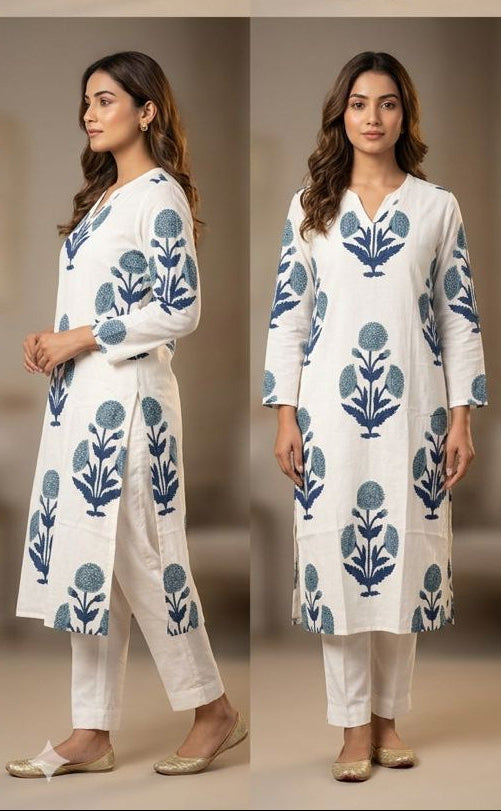 Women's White Pure Cotton Straight Kurta With Pant Set