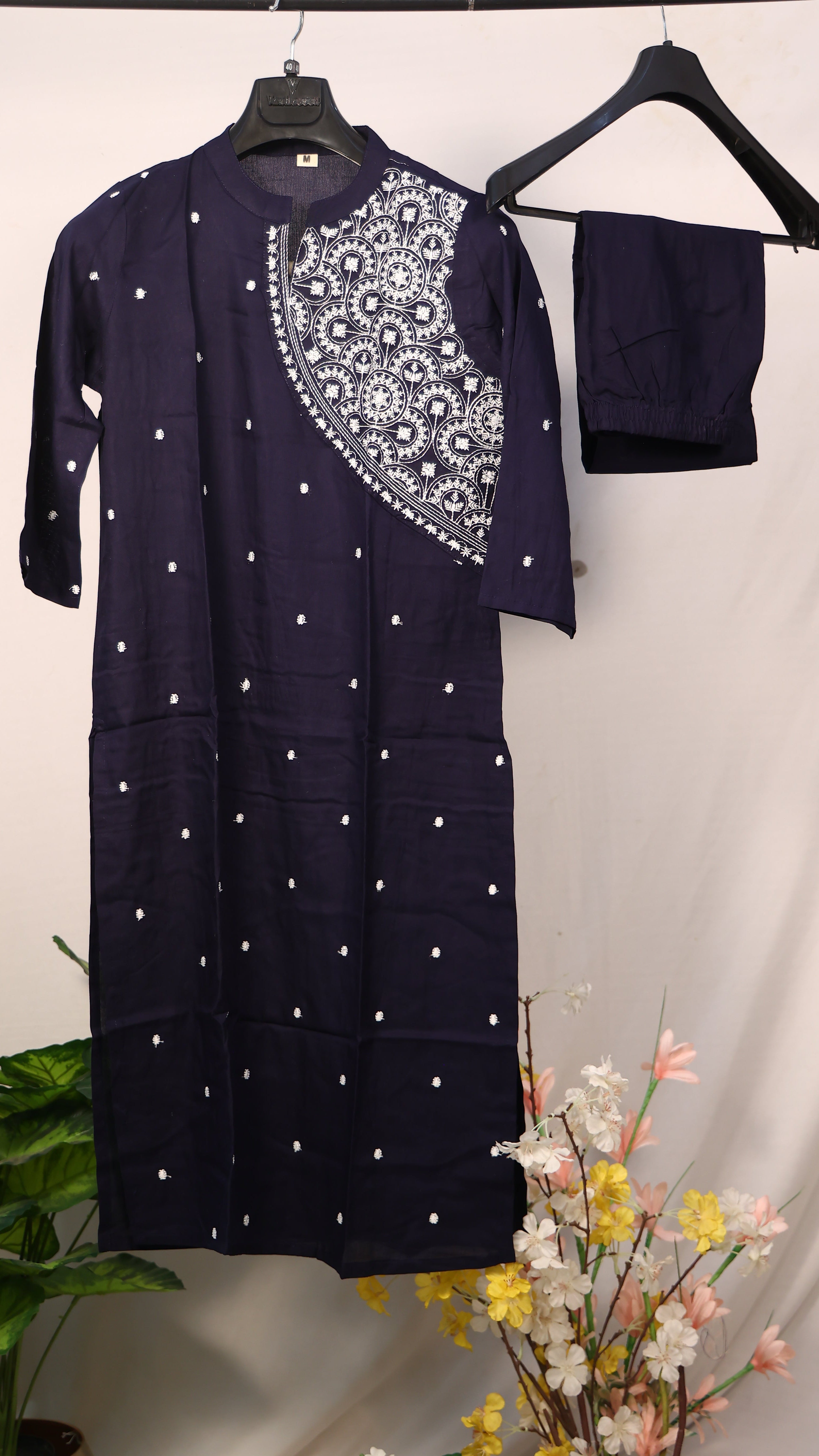 Navy Blue Pure Cotton Printed Straight Kurta Set