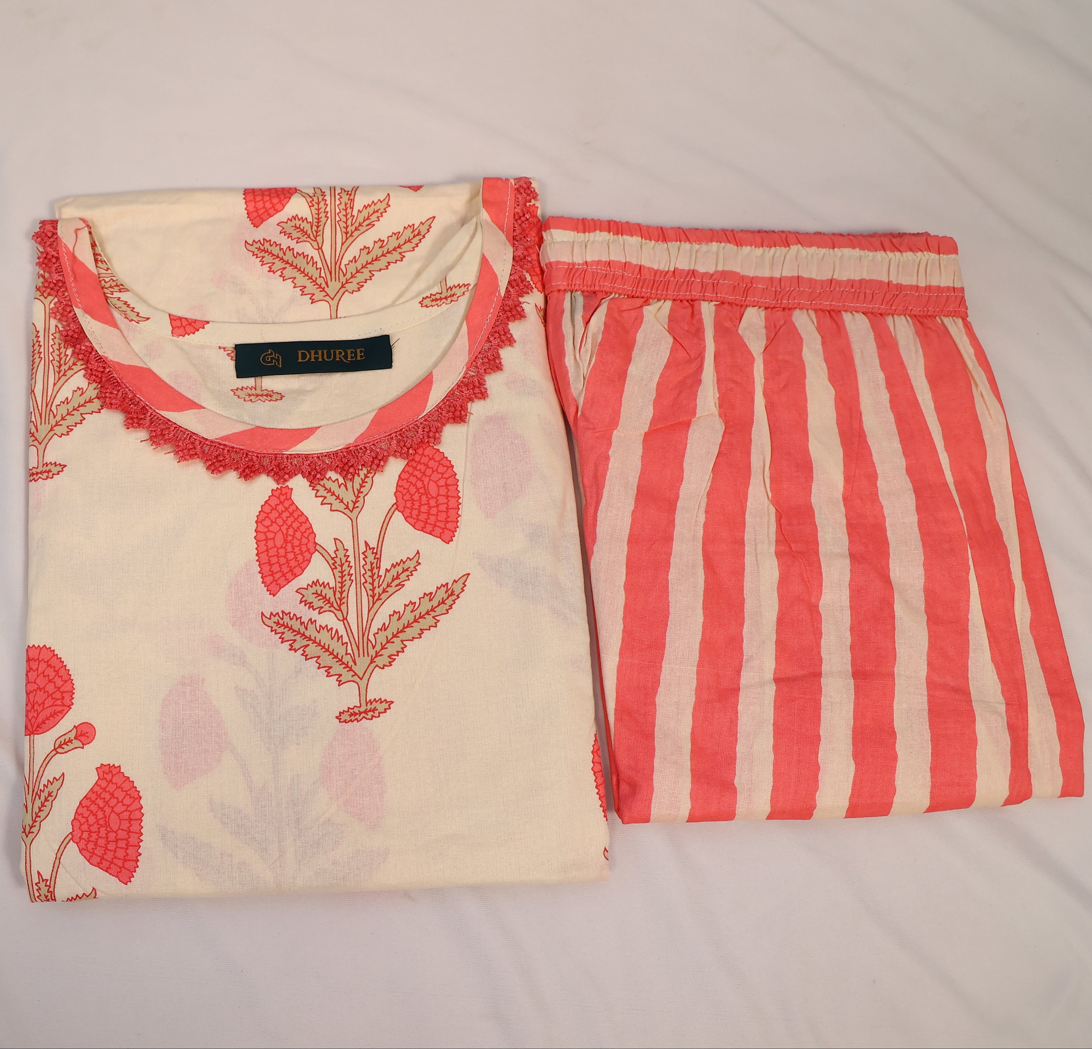 Cream White Cotton Printed Pant & Kurta Set