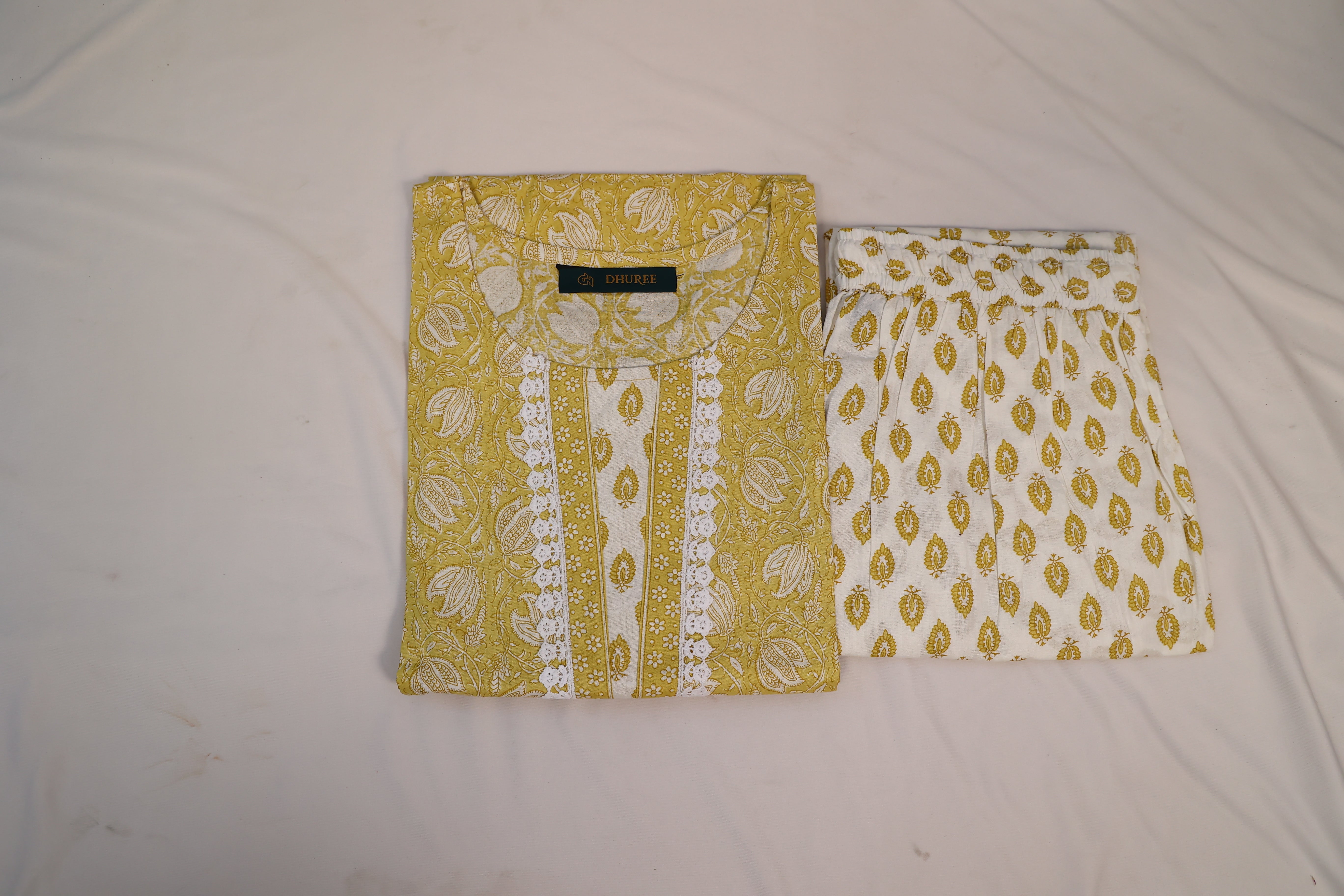 Yellow Cotton Printed Pant & Kurta Set