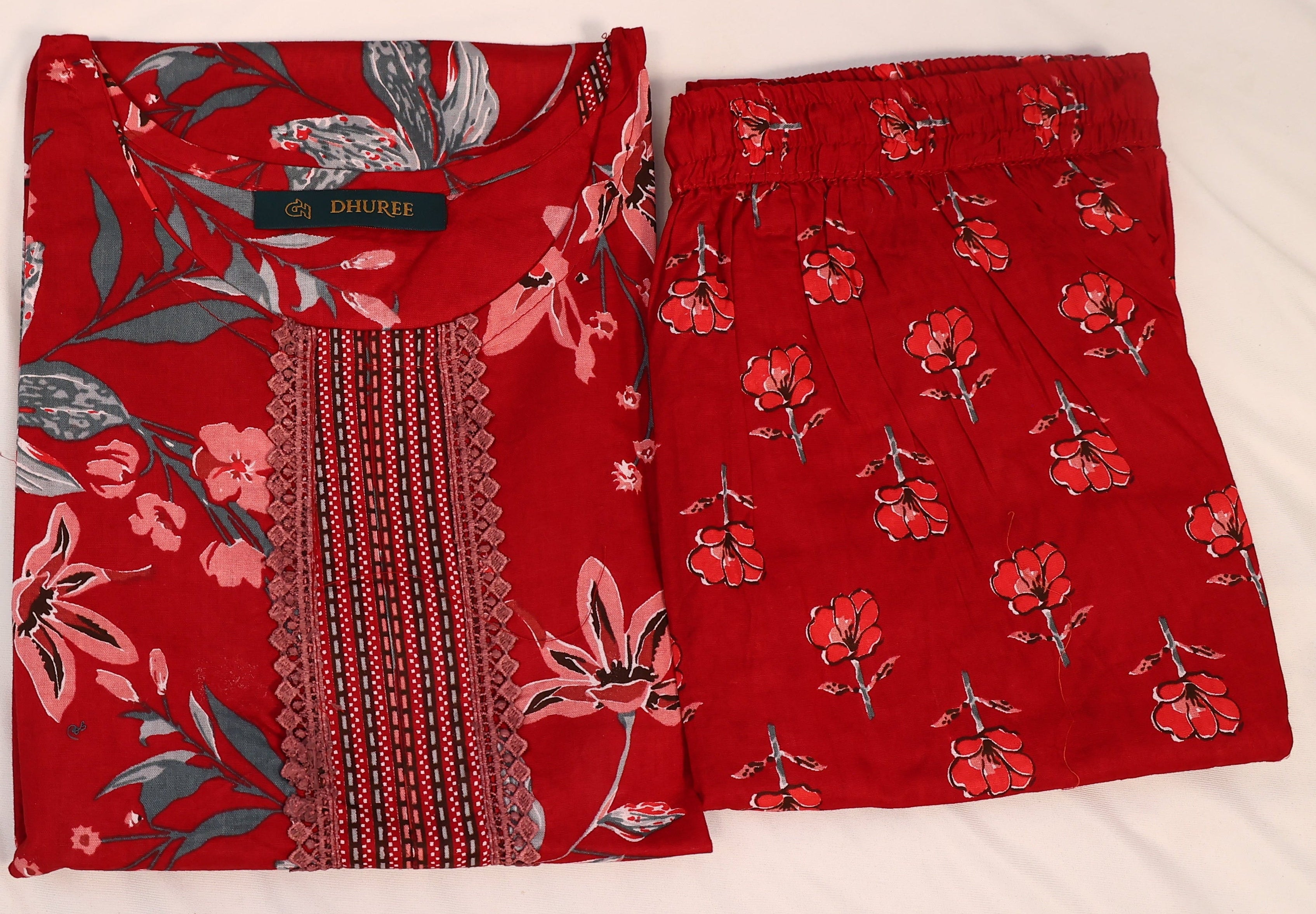 Red Cotton Hand Block Printed Pant & Kurta Set