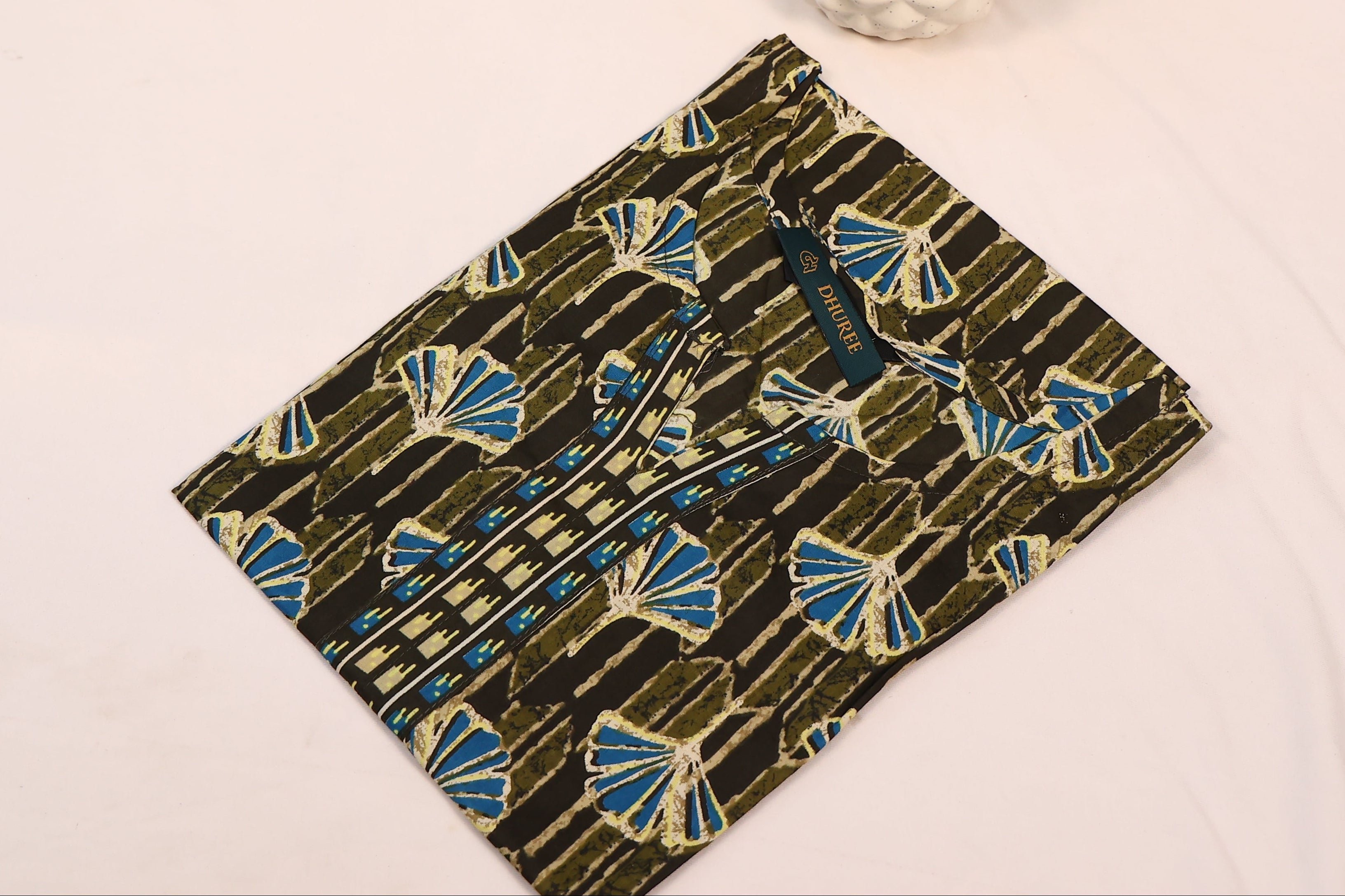Green Cotton Printed Bagru Slim Fit Short Kurta