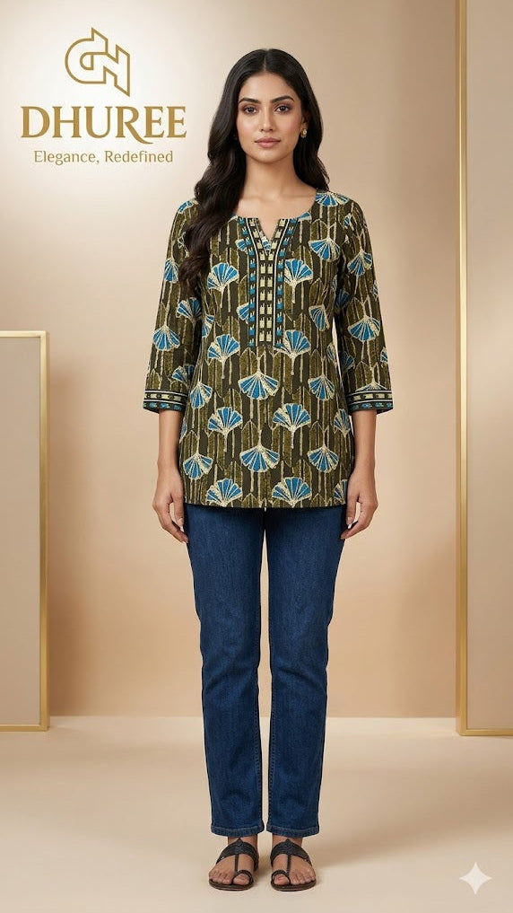 Green Cotton Printed Bagru Slim Fit Short Kurta