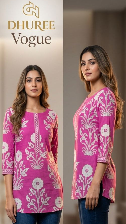 Floral Printed round Collar Straight Pure Cotton Kurti