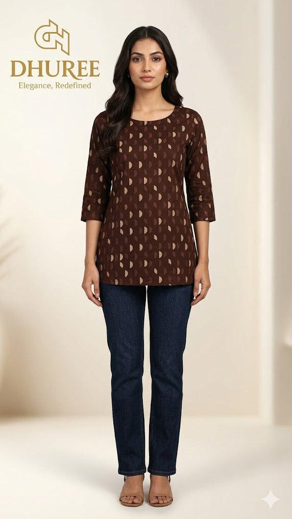 Brown Cotton Dabu Printed Short Kurta