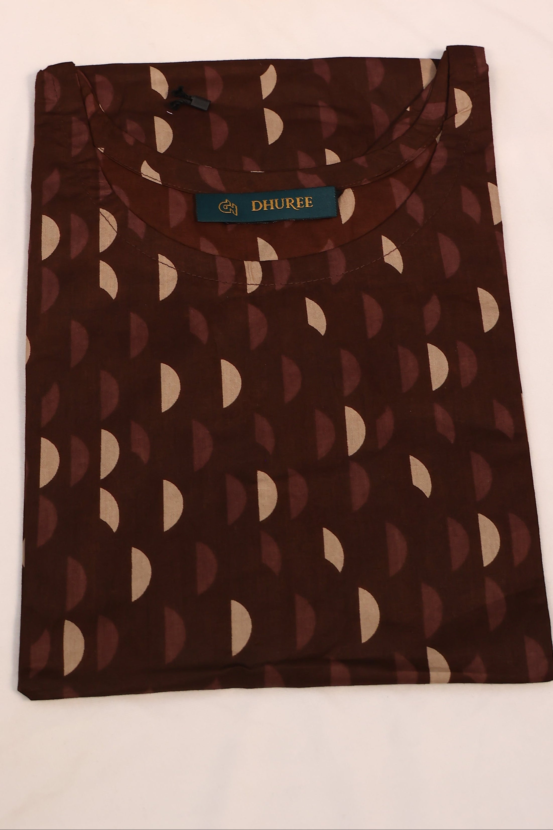 Brown Cotton Dabu Printed Short Kurta