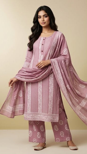 Floral Printed Panelled Round Neck light purple pure Cotton Kurta With Pant & Dupatta