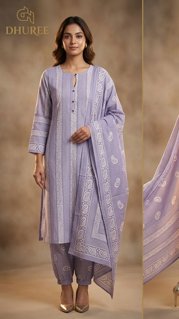 Floral Printed Panelled Round Neck pure blue Cotton Kurta With Pant & Dupatta