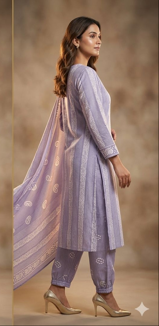 Floral Printed Panelled Round Neck pure blue Cotton Kurta With Pant & Dupatta