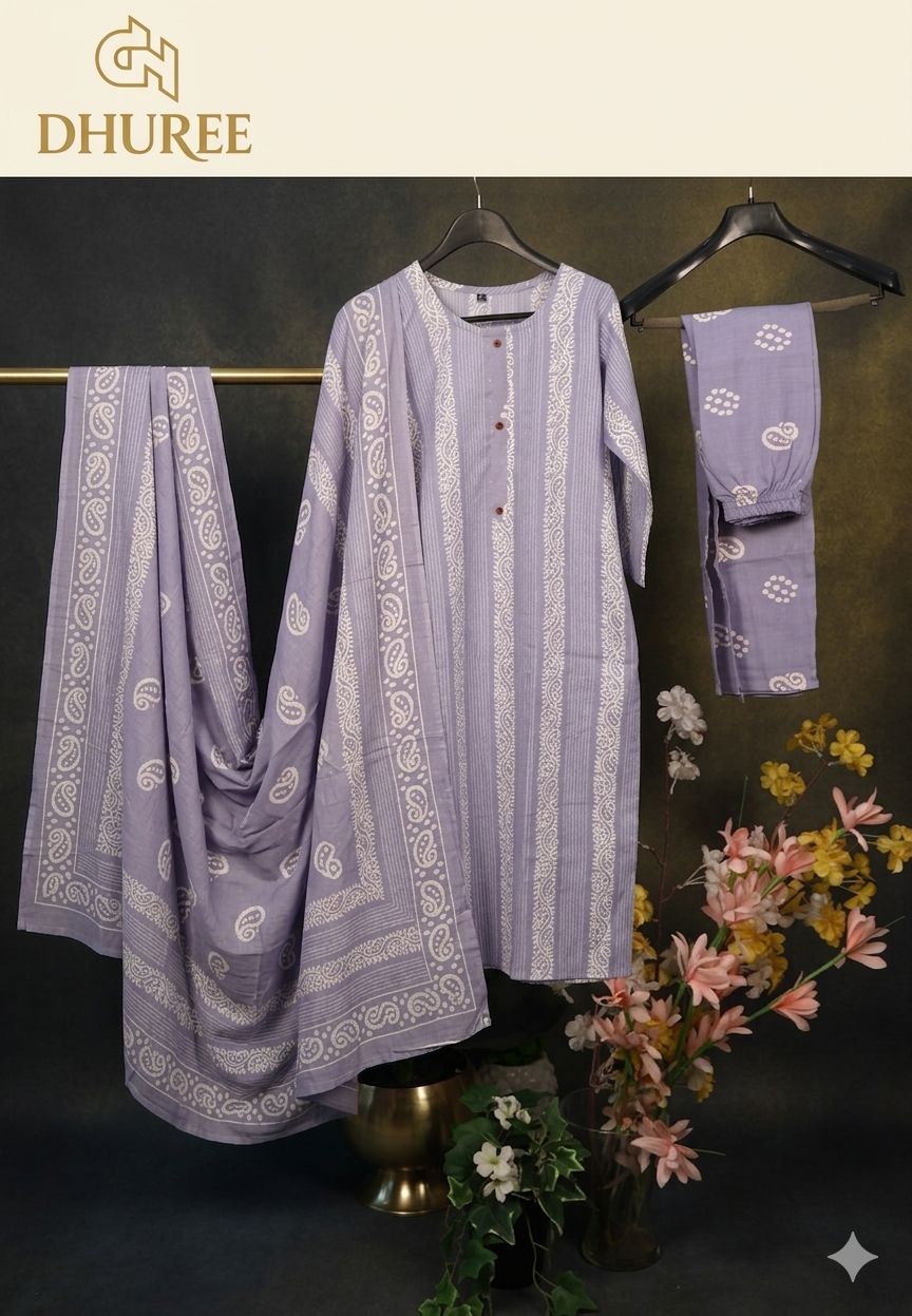 Floral Printed Panelled Round Neck pure blue Cotton Kurta With Pant & Dupatta