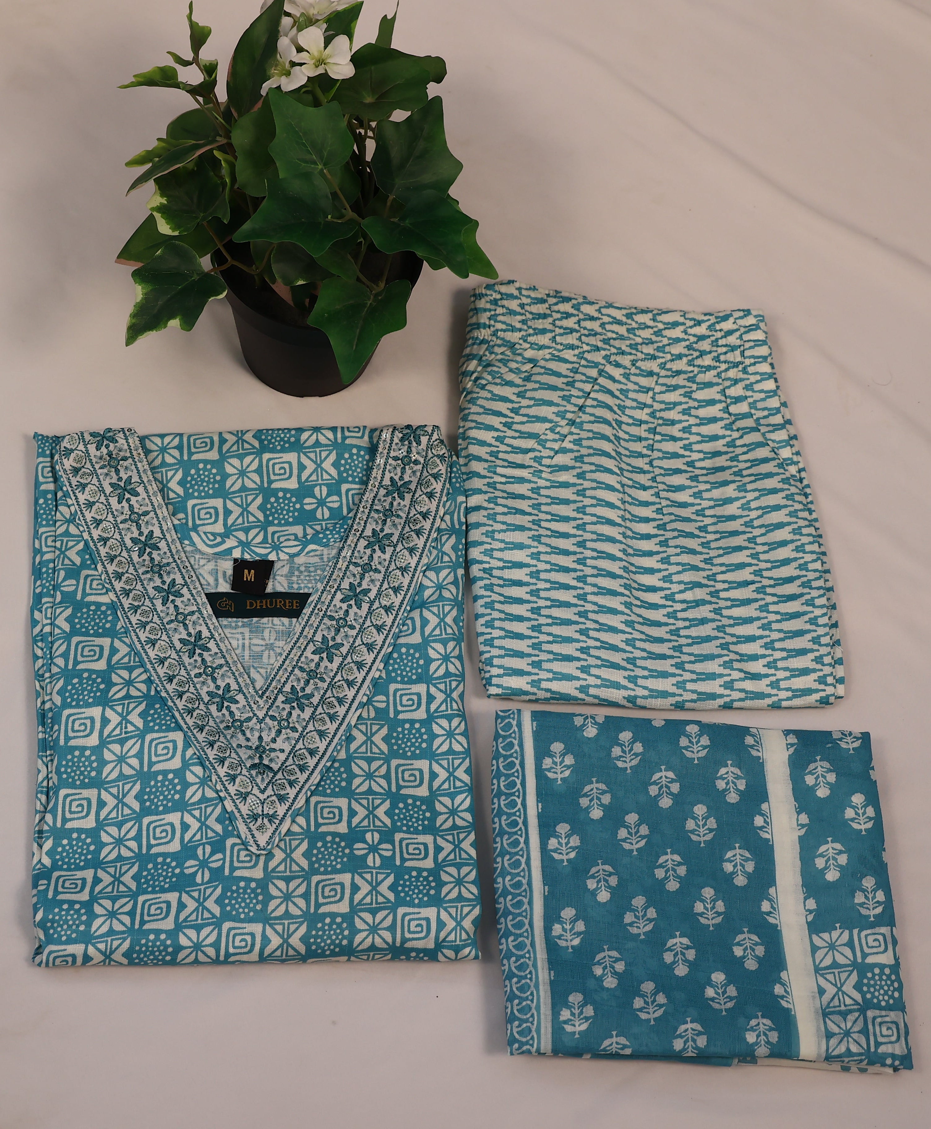 Blue Printed V-Neck Cotton Kurta Set