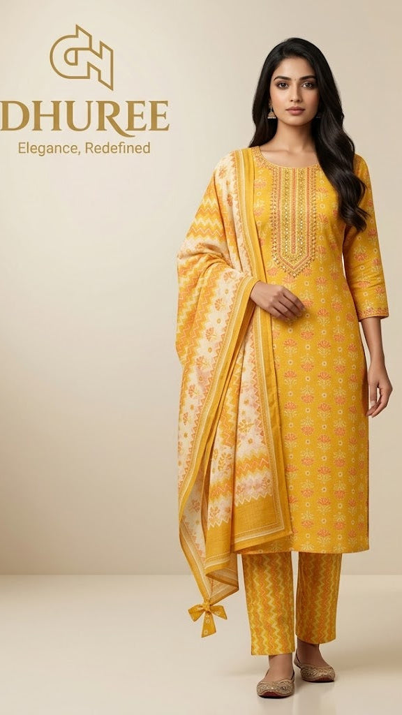 Yellow Printed Round Round-Neck Cotton Kurta Set