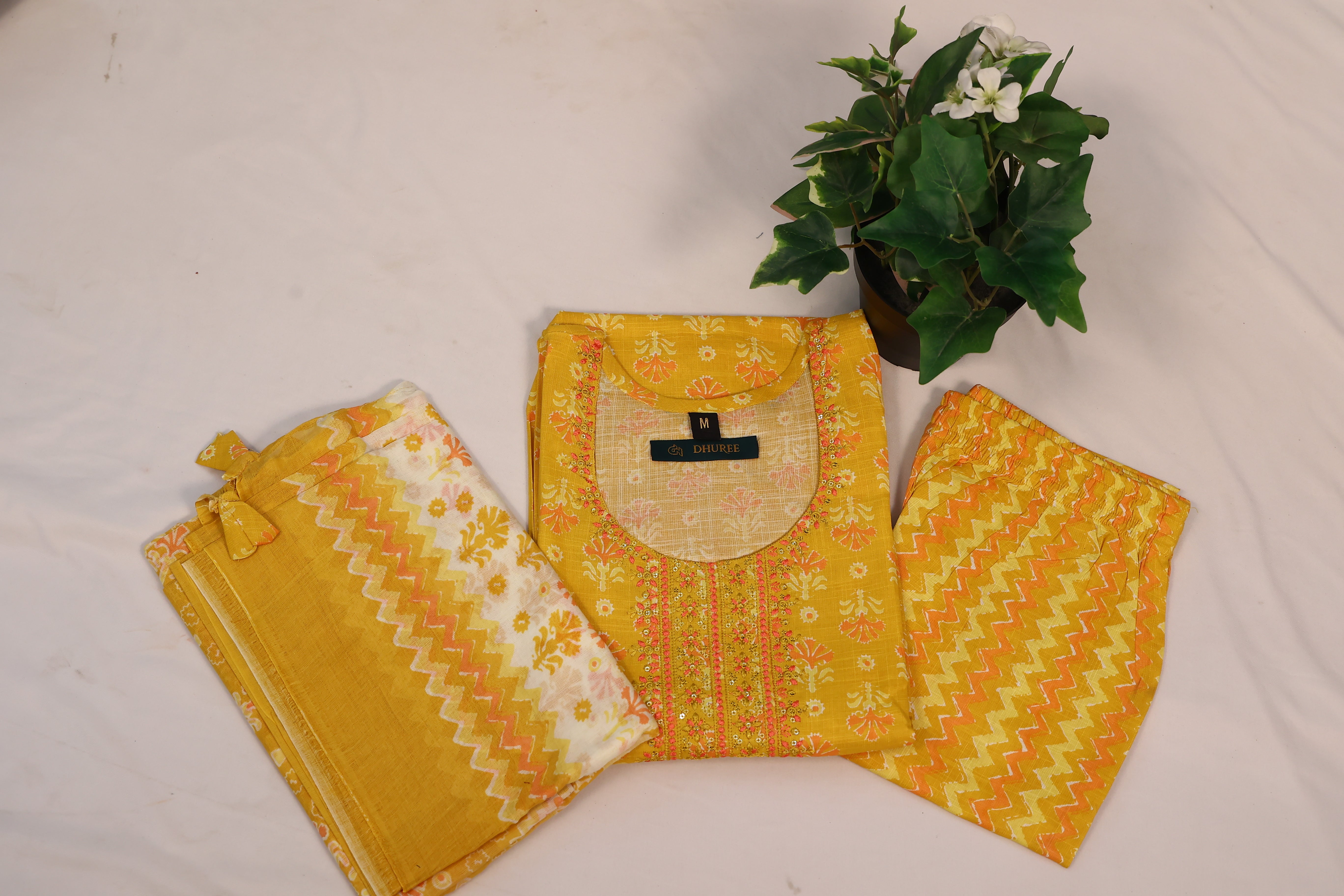 Yellow Printed Round Neck Cotton Kurta Set
