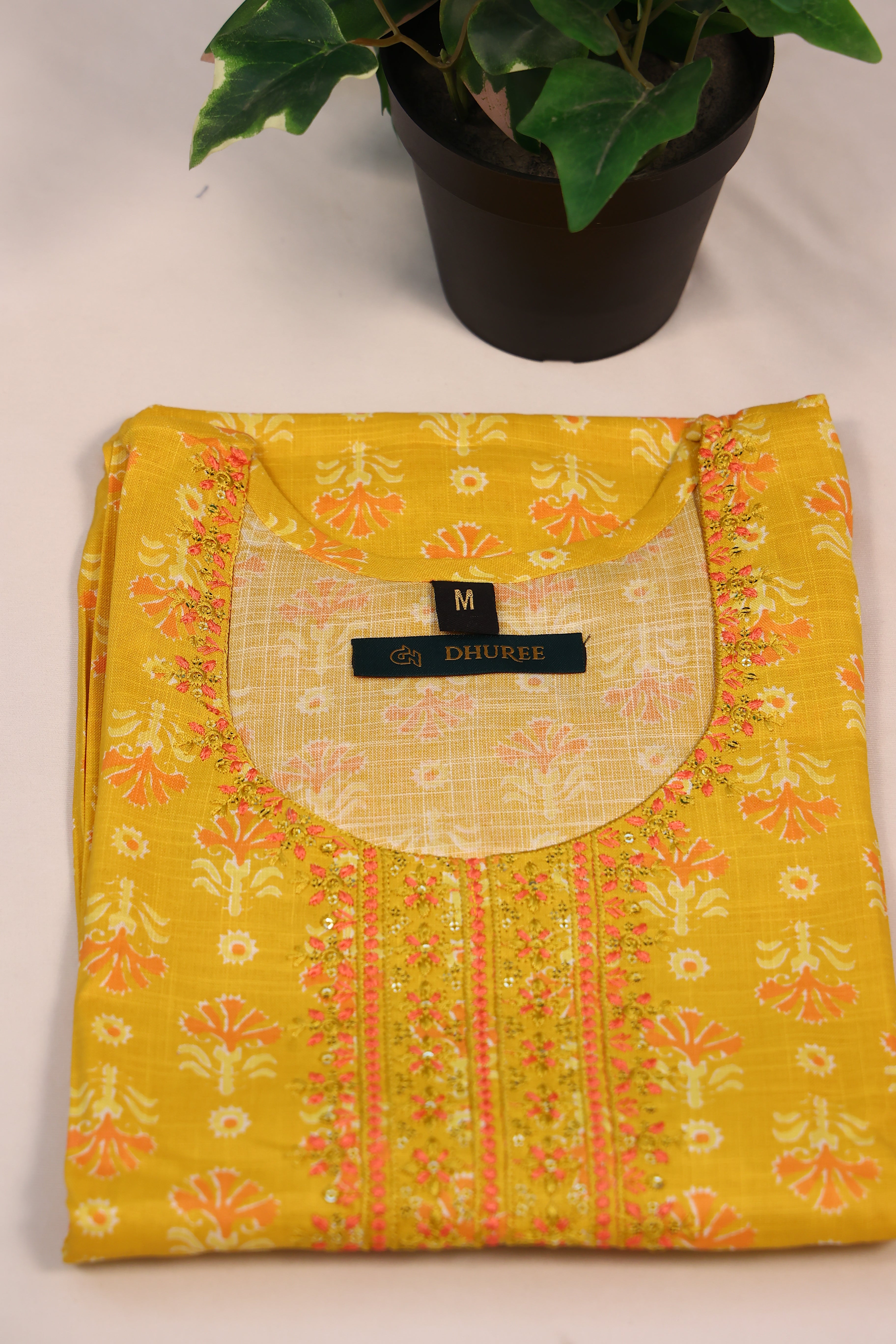 Yellow Printed Round Neck Cotton Kurta Set