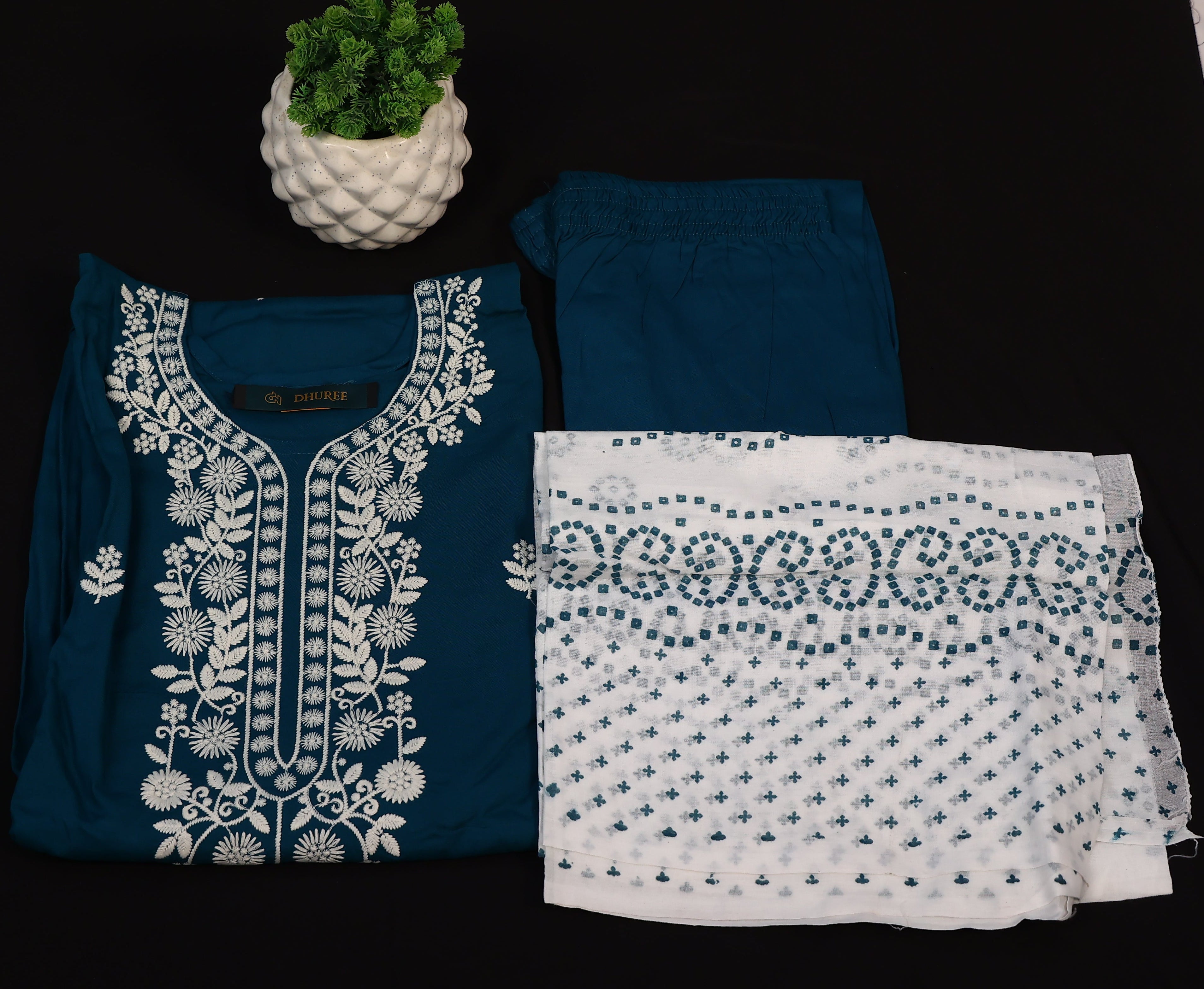 Hand Embroidered Peacock Blue Chikankari Kurta Set
