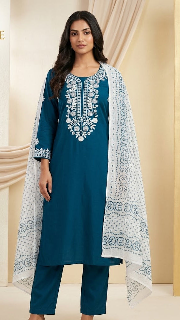 Hand Embroidered Peacock Blue Chikankari Kurta Set