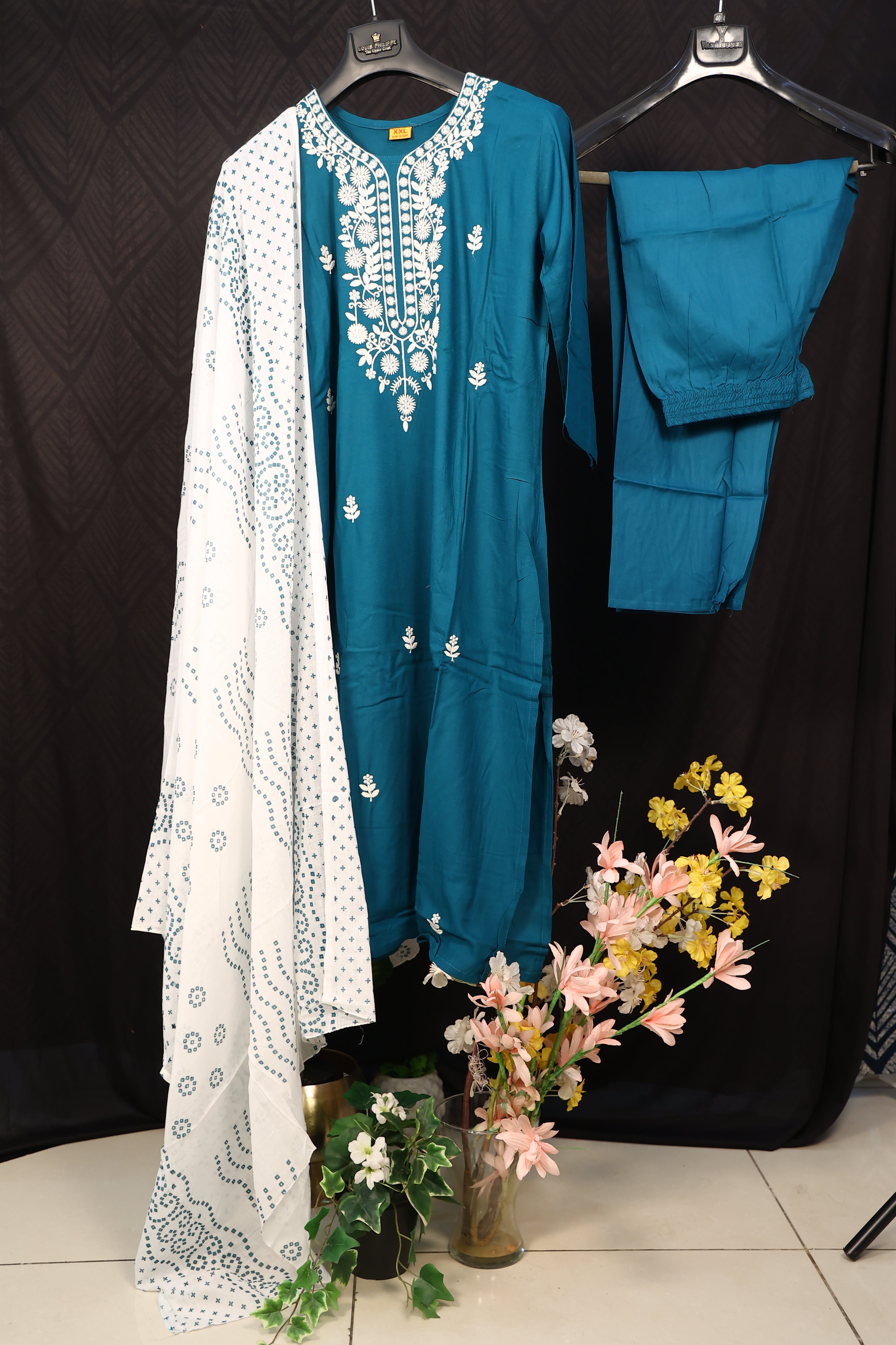 Hand Embroidered Peacock Blue Chikankari Kurta Set