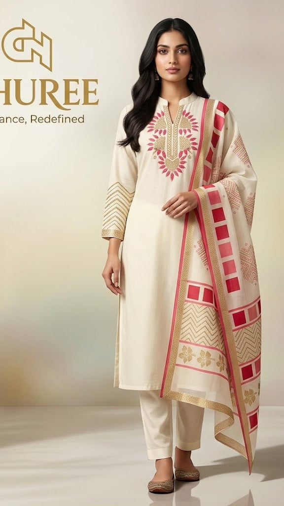 Women's Off White Chanderi Silk Embroidered Straight Kurta Set