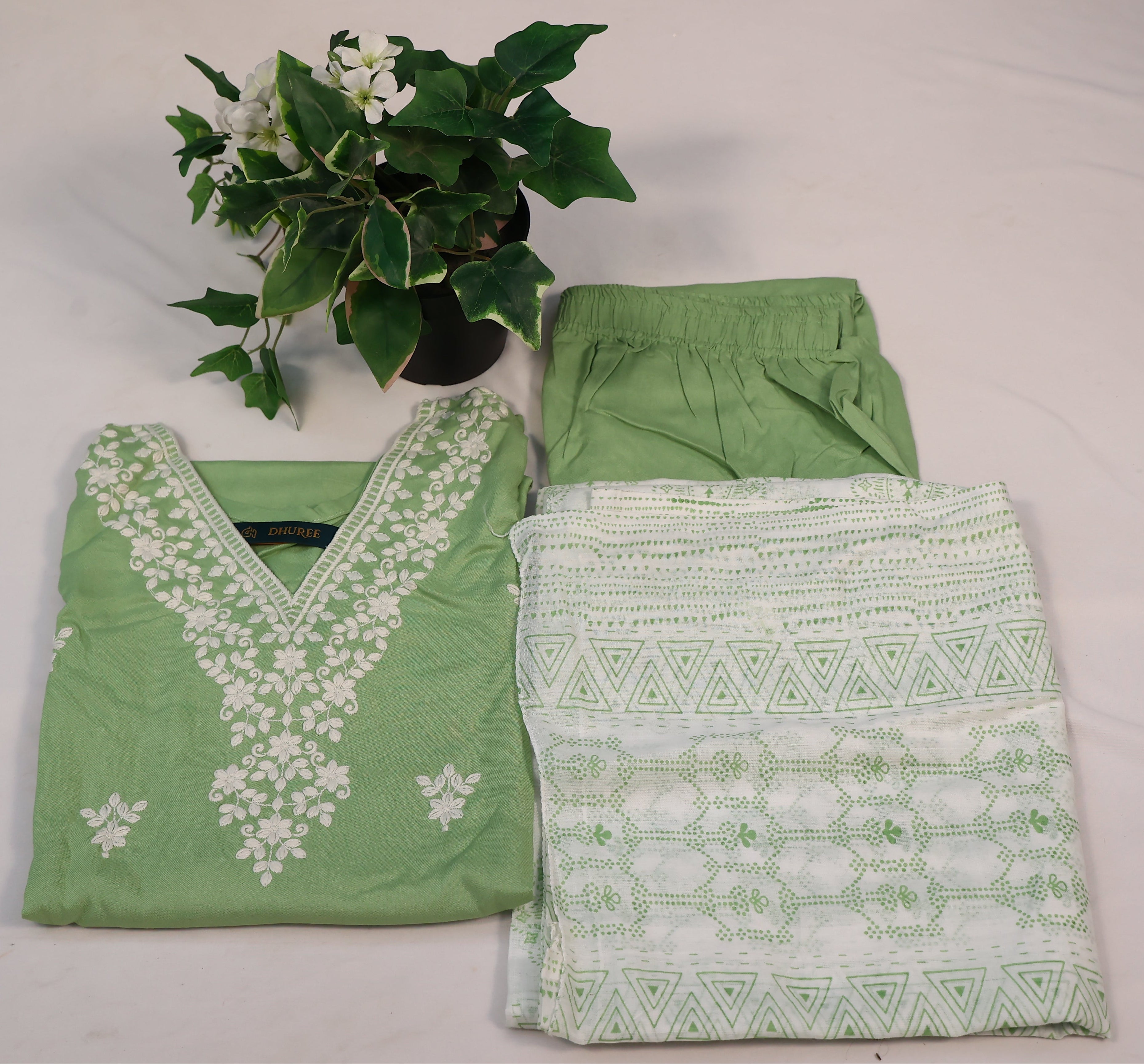 Hand Embroidered Sage Green Rayon Lucknowi Chikankari Kurta Set