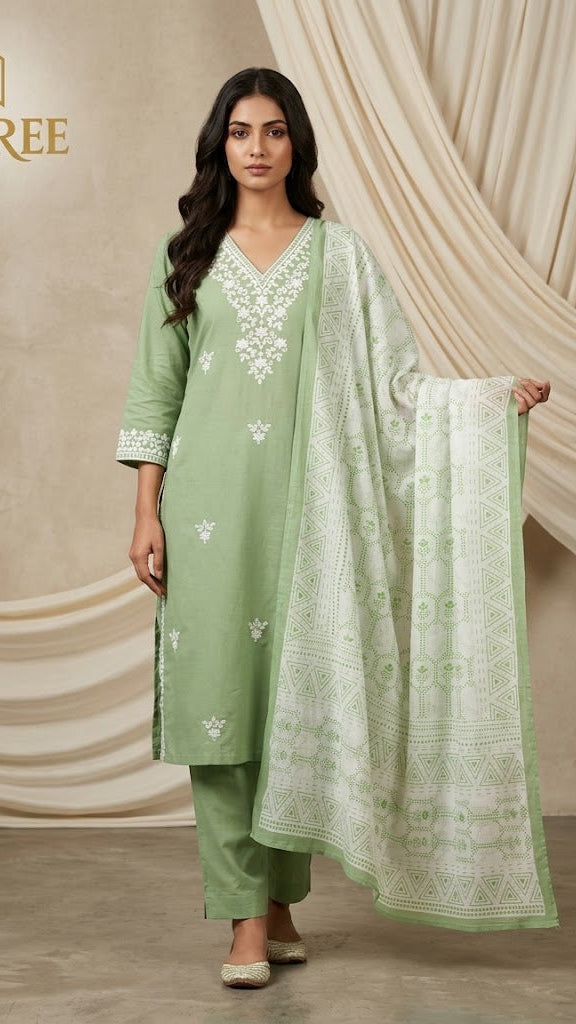 Hand Embroidered Sage Green Rayon Lucknowi Chikankari Kurta Set