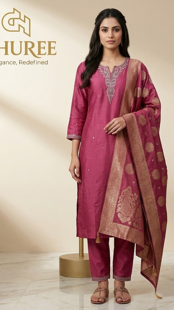 Women Chanderi Silk Zari Embroidered Straight Kurta With Palazzo & Dupatta Set