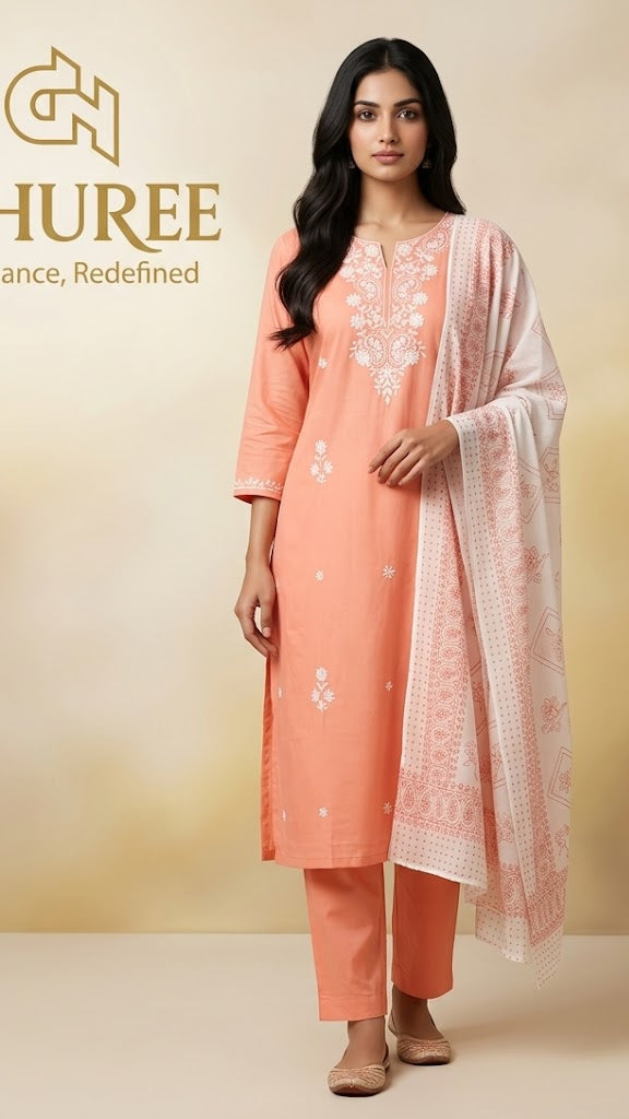 Women Peach Chikankari Work with Pure Cotton Fabric Straight Kurta Set