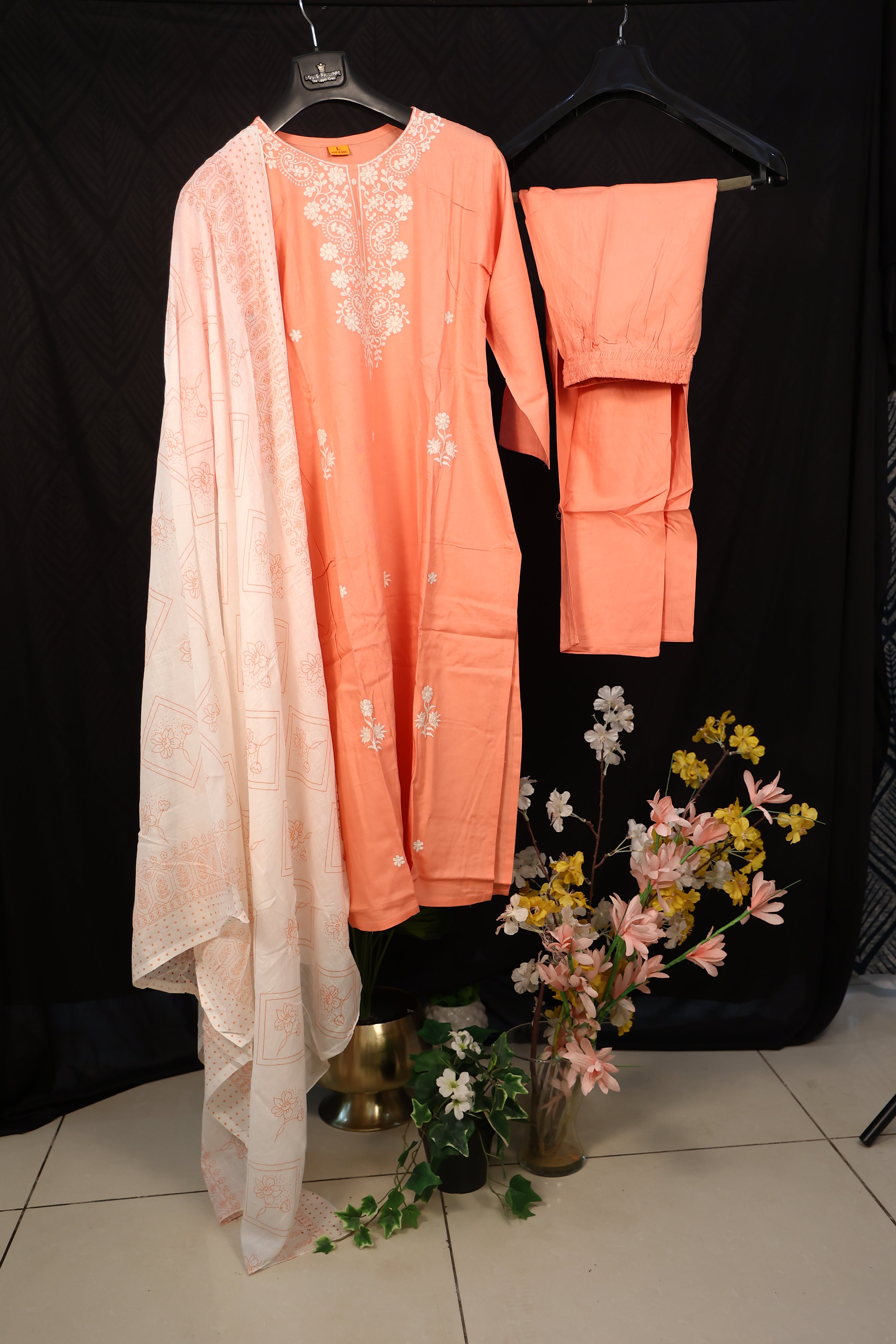 Women Peach Chikankari Work with Pure Cotton Fabric Straight Kurta Set