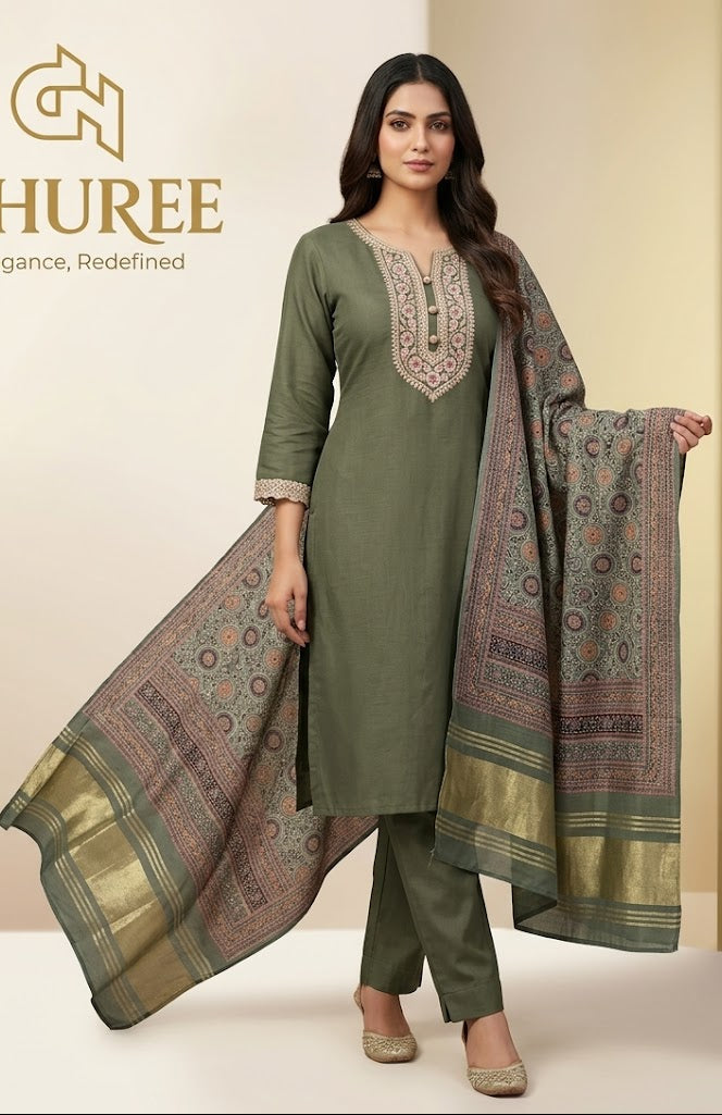 Women's Green Silk Blend Embellished Straight Kurta Set