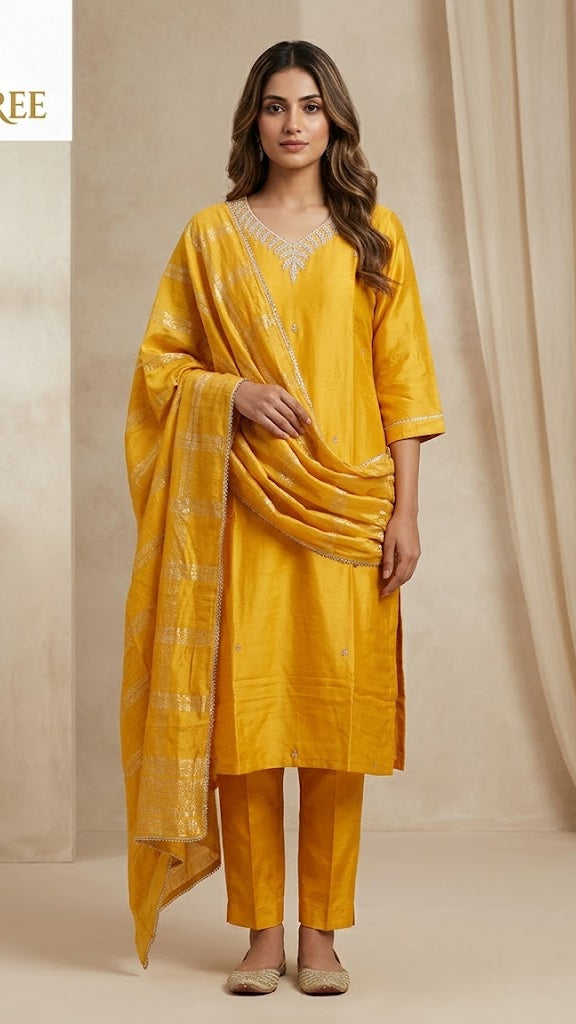 Women Yellow silk Viscose Rayon Kurta Sets