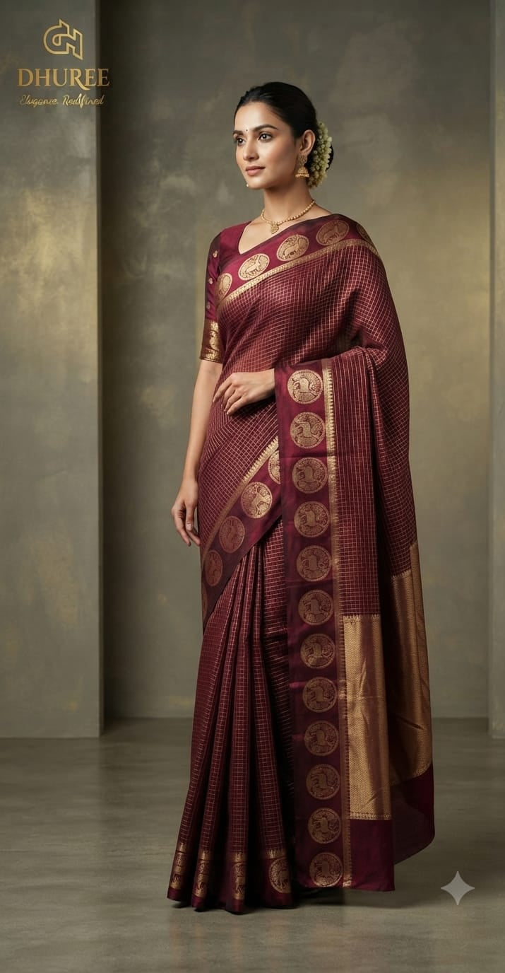 DHUREE VISCOSE SAREE WITH CHECKERED ZARI.