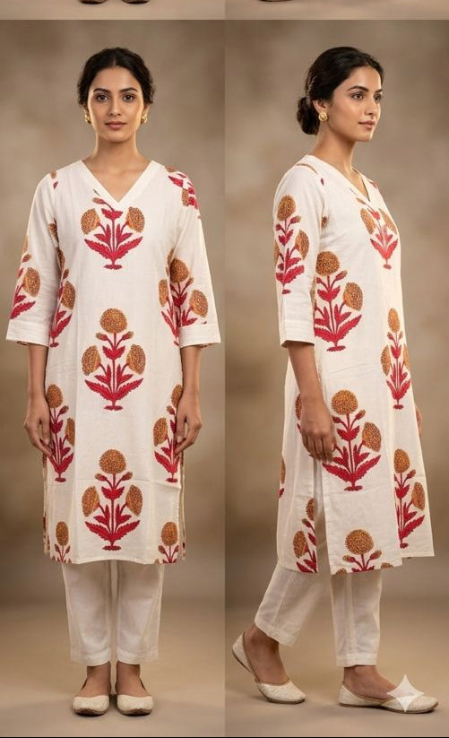 Women's White Pure Cotton Straight Kurta With Pant Set