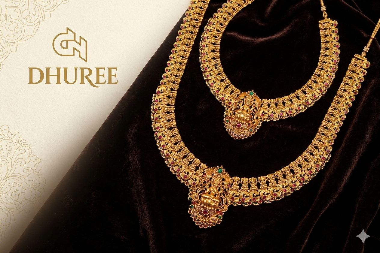 Green & Golden Beads Lakshmi Motif Choker , Long Haram