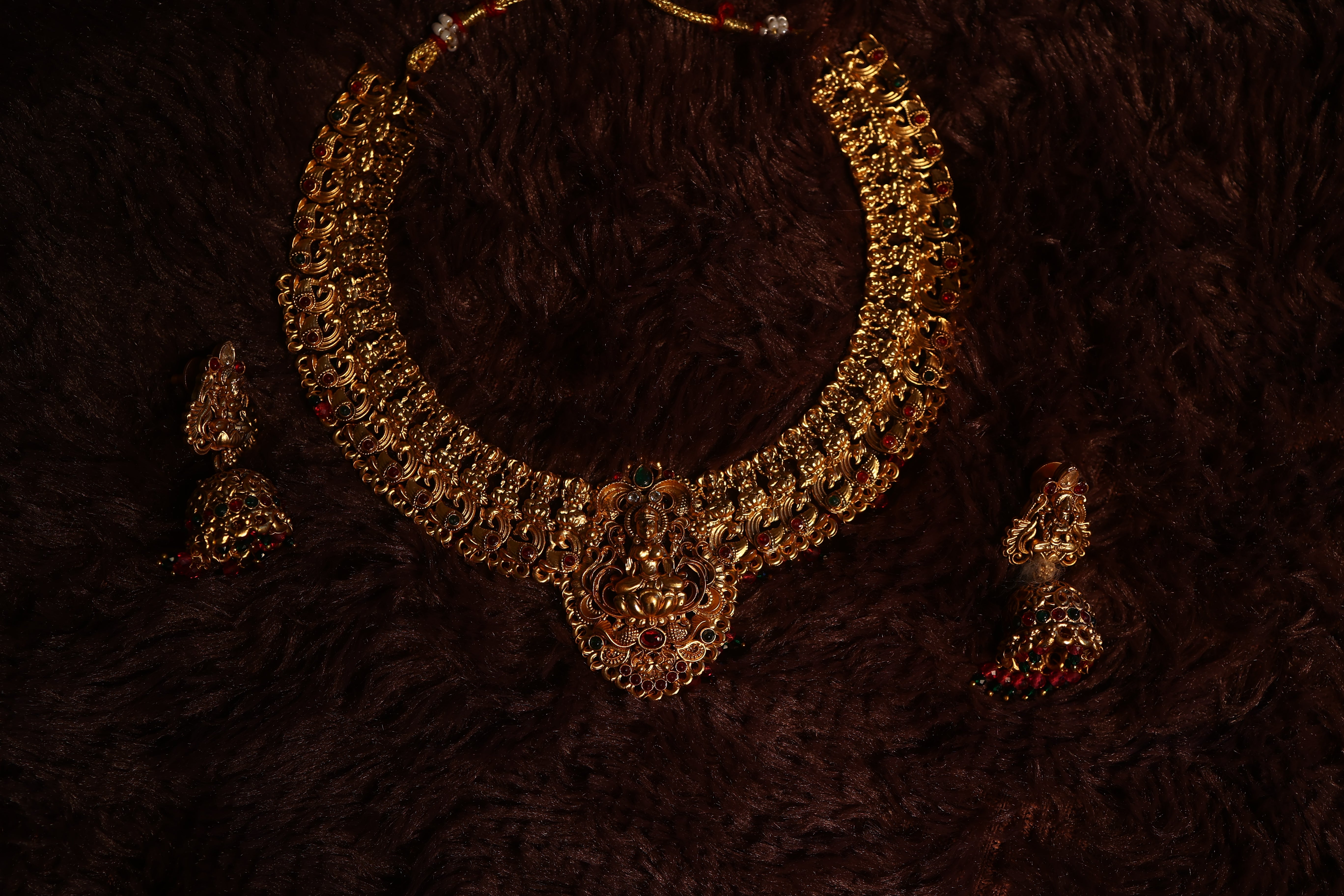 Green & Golden Beads Lakshmi Motif Choker , Long Haram