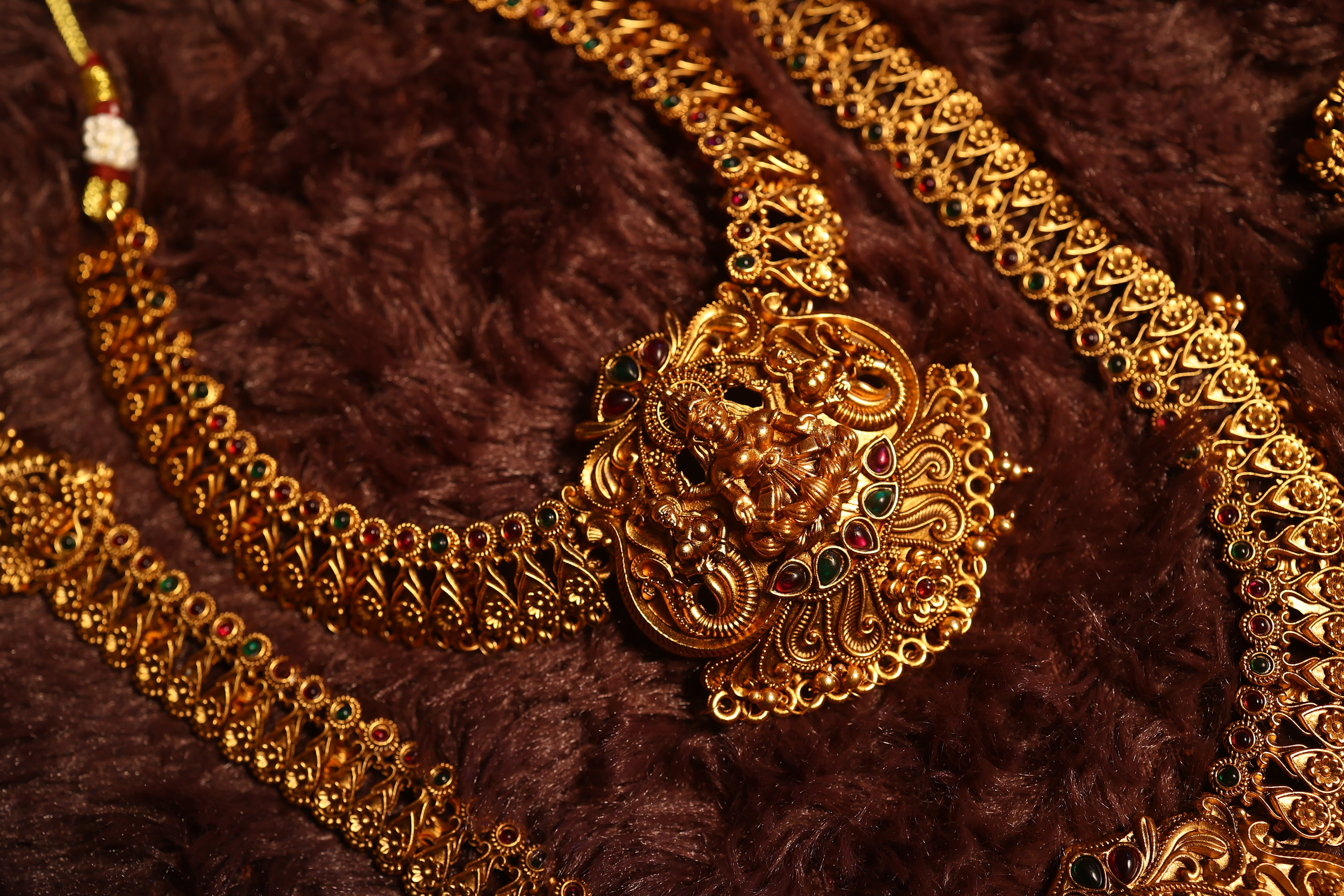 Green & Golden Beads Lakshmi Motif Choker , Long Haram