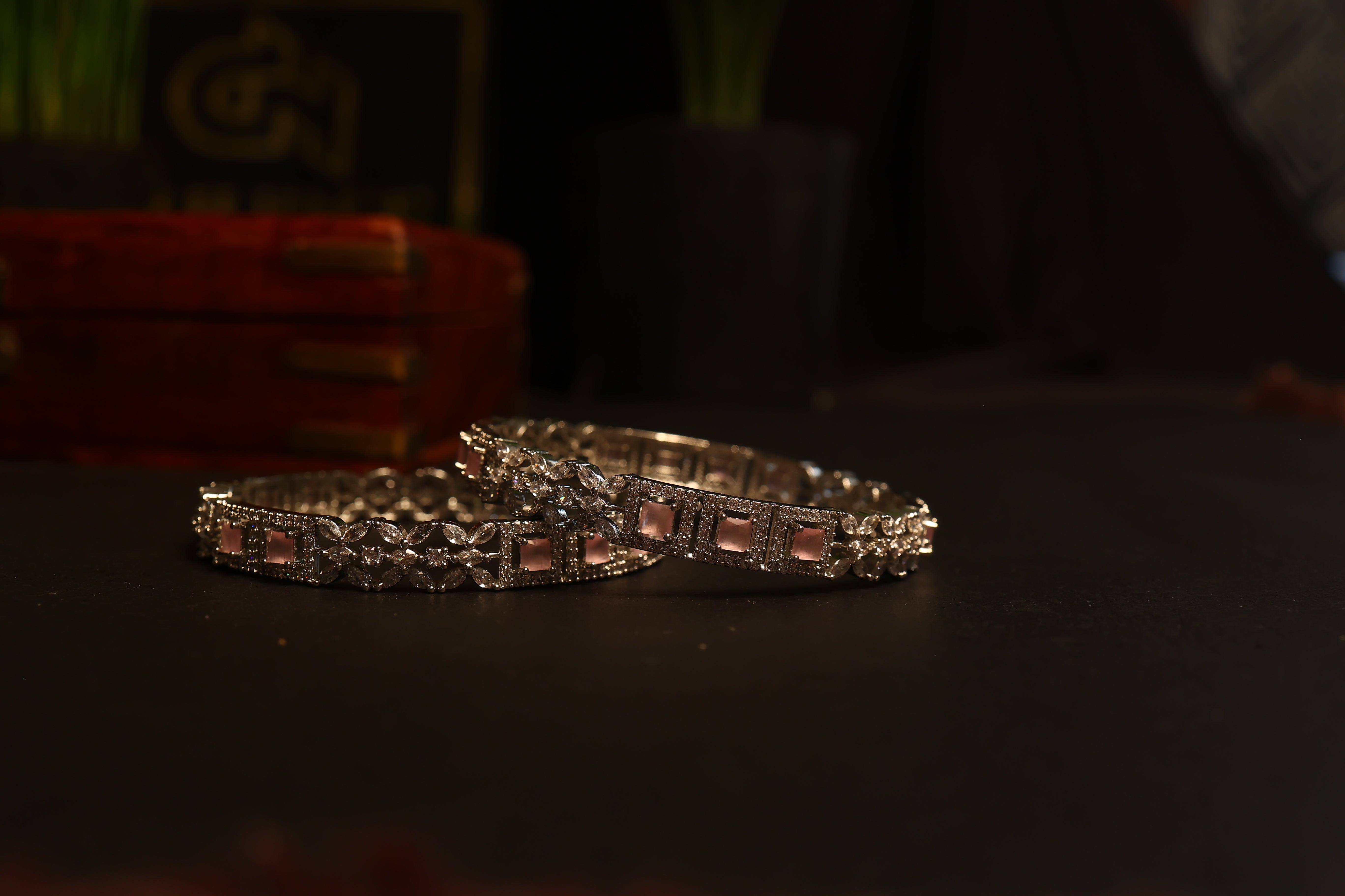 Pastel Pink & White Cubic Zirconia Studded Bangles