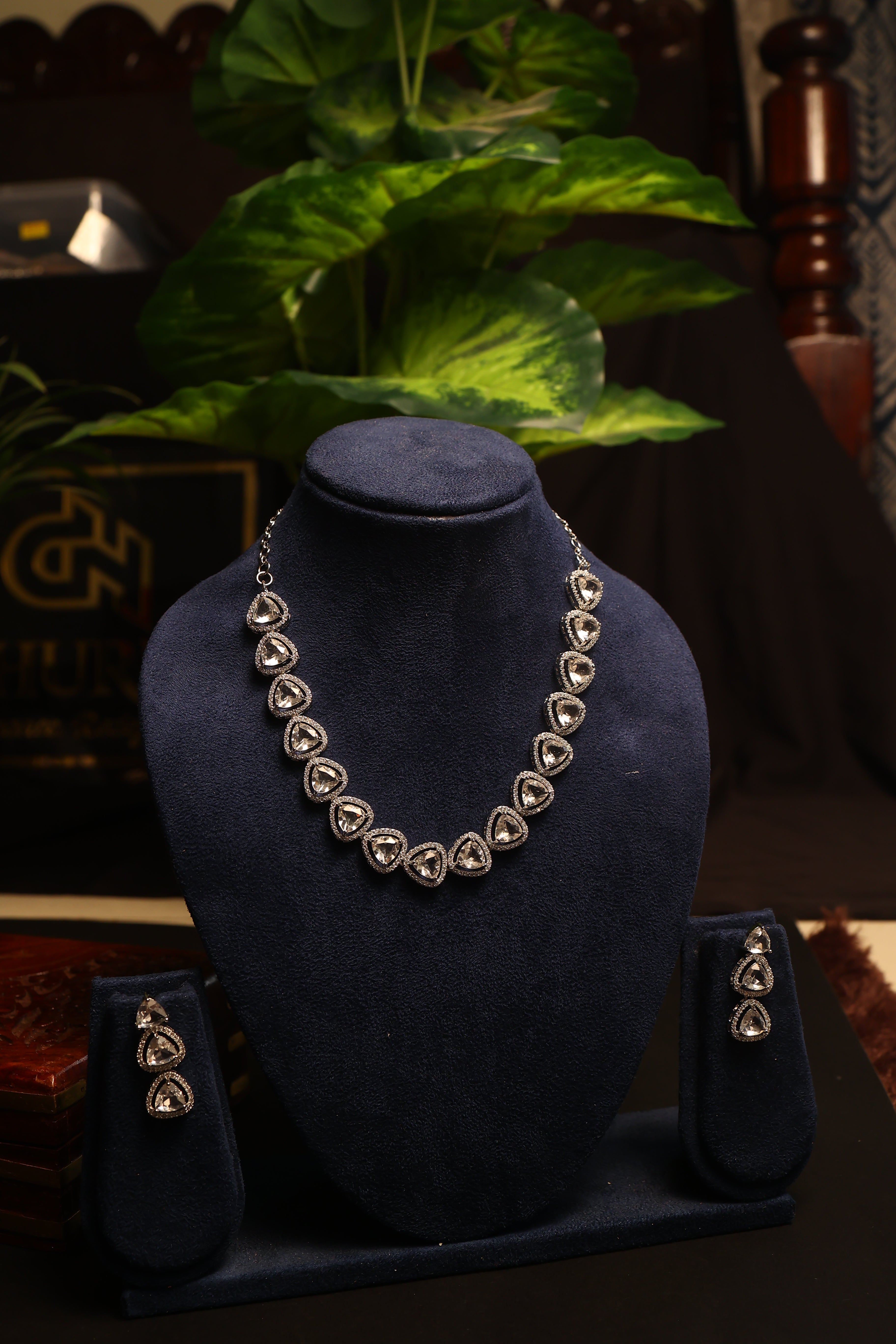 Vibrant Diamond AD Necklace with Earrings  (with Colour options)