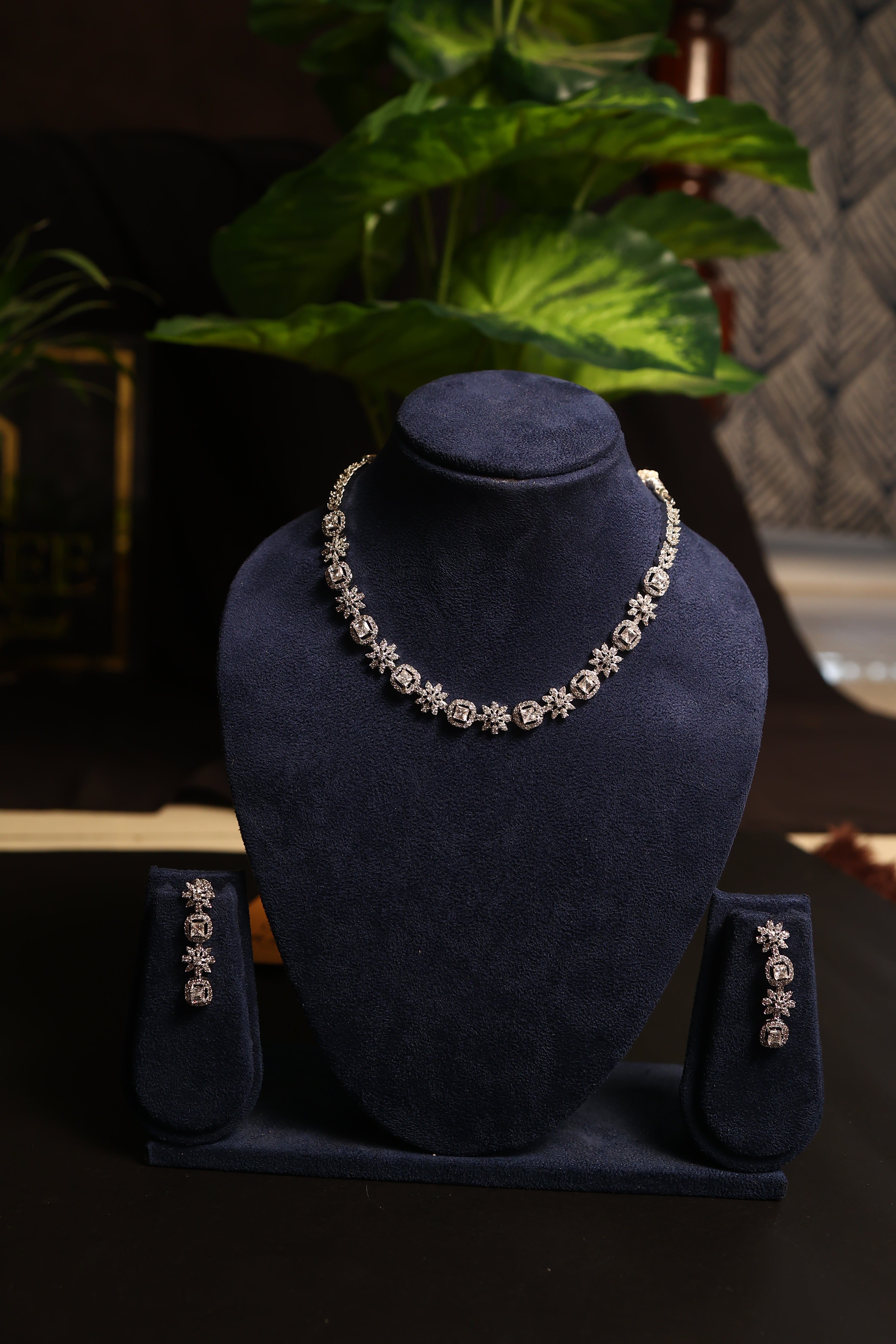 Diamond Stone Pendant Necklace with Earrings