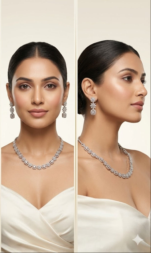 Diamond Stone Pendant Necklace with Earrings