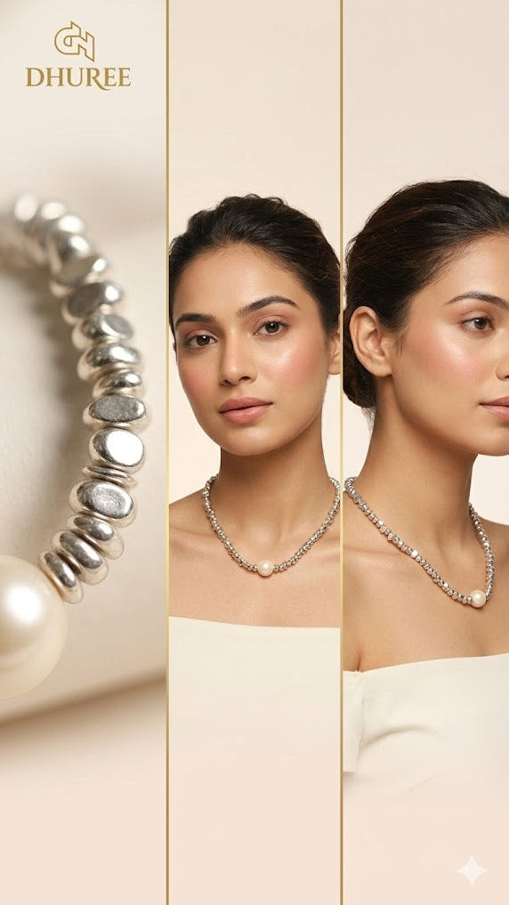 Silver Metal Pearl Pendent Necklace-