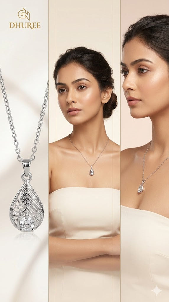 Silver Metal Pearl Pendent Necklace-