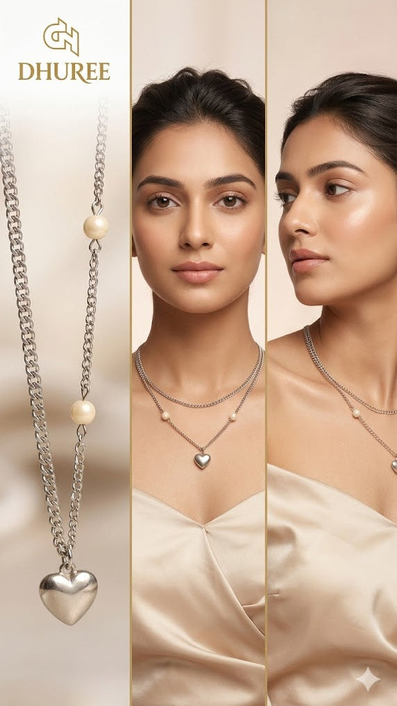 Stainless Steel Silver Plated Checkered Heart Shaped Charm Necklace