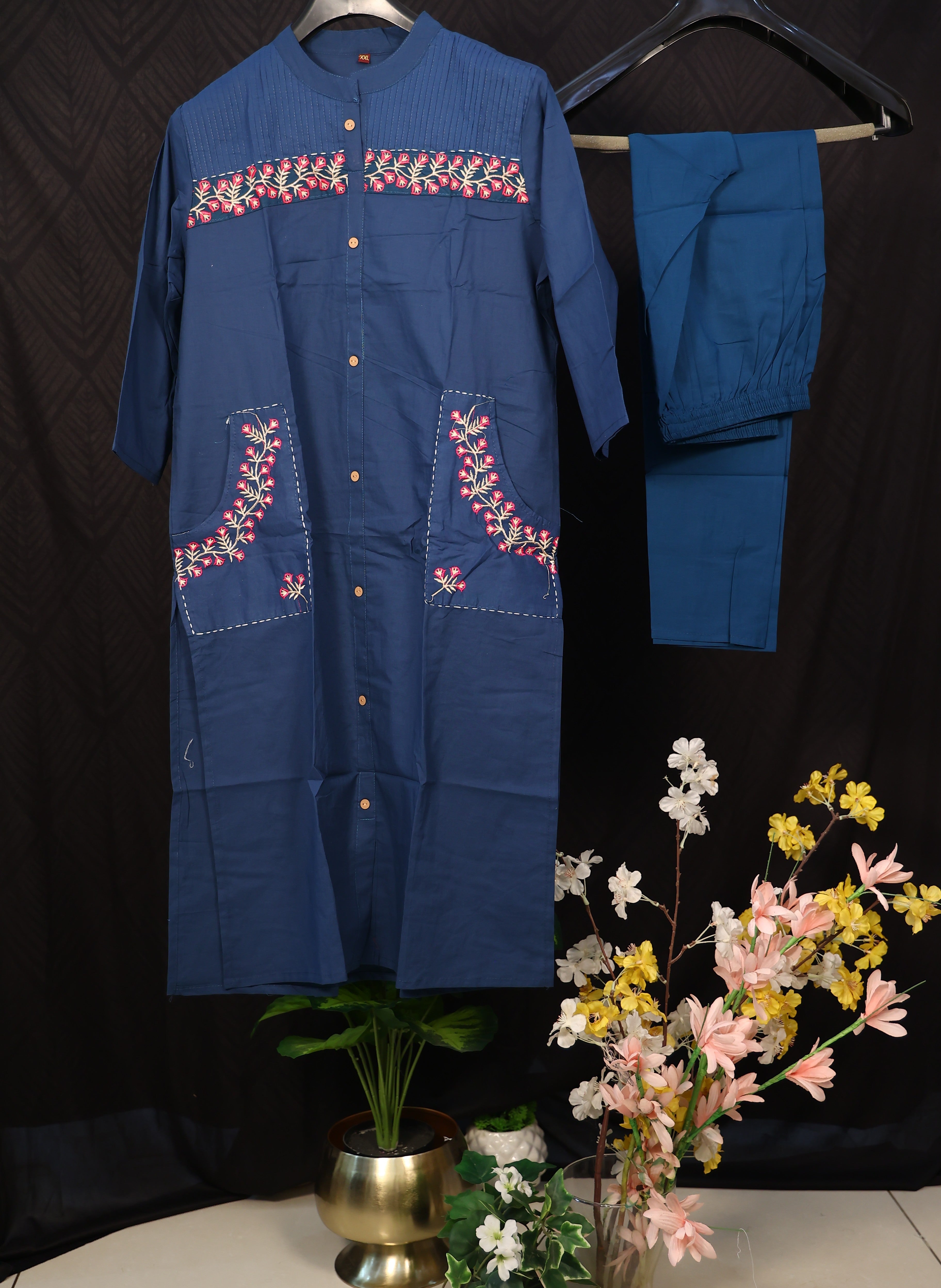 Two sided pocket embroidery blue kurti set with pant for office look