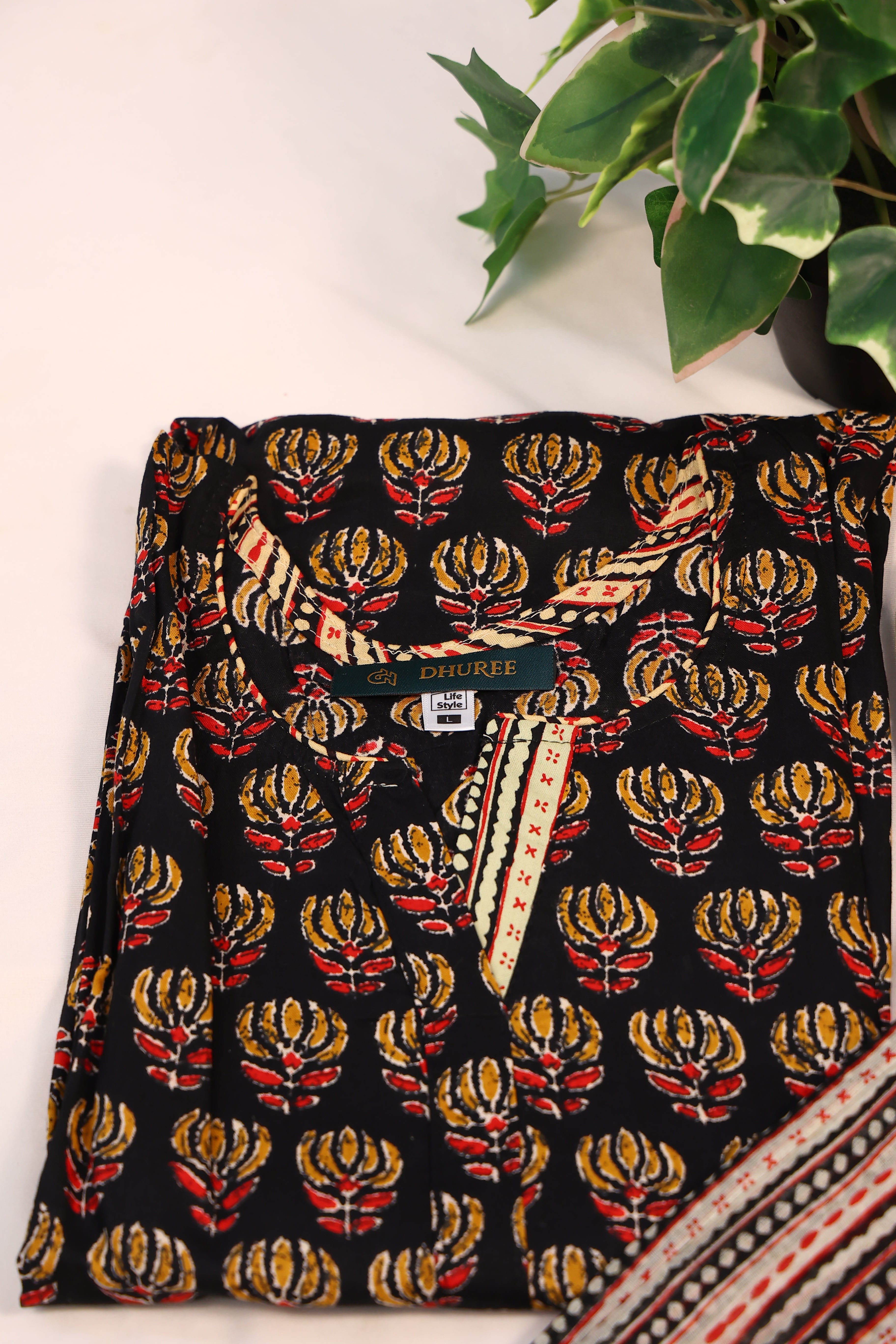 Black Printed Cotton Kurta Set With Dupatta