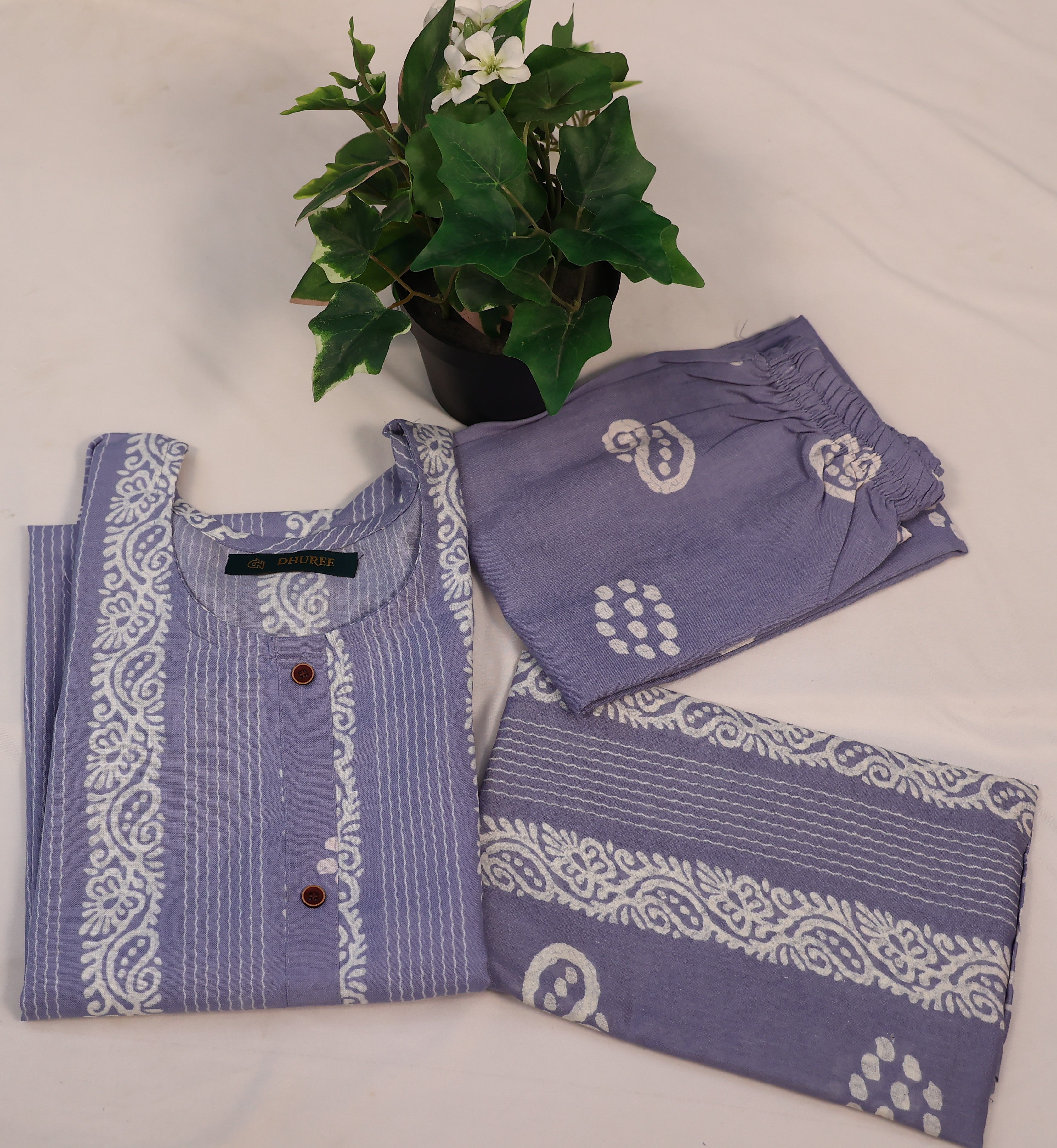 Floral Printed Panelled Round Neck pure blue Cotton Kurta With Pant & Dupatta