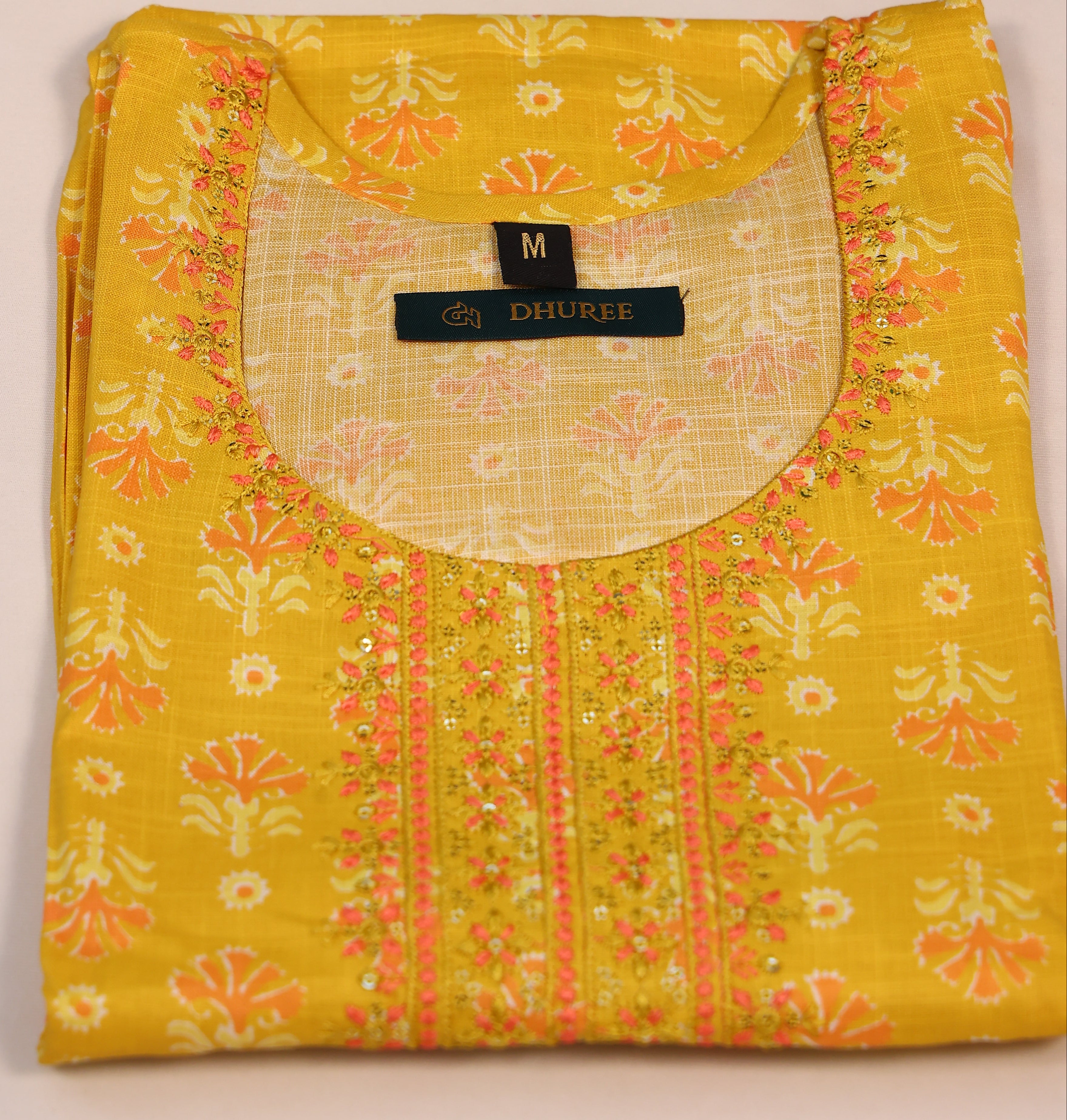 Yellow Printed Round Round-Neck Cotton Kurta Set