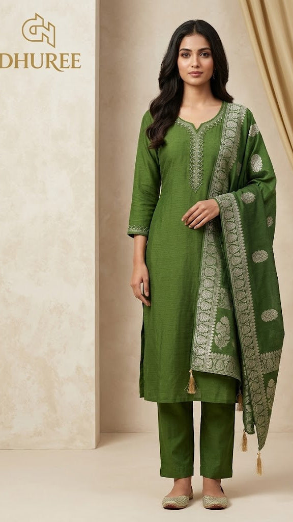 Women's Green Silk Blend Embellished Straight Kurta Set