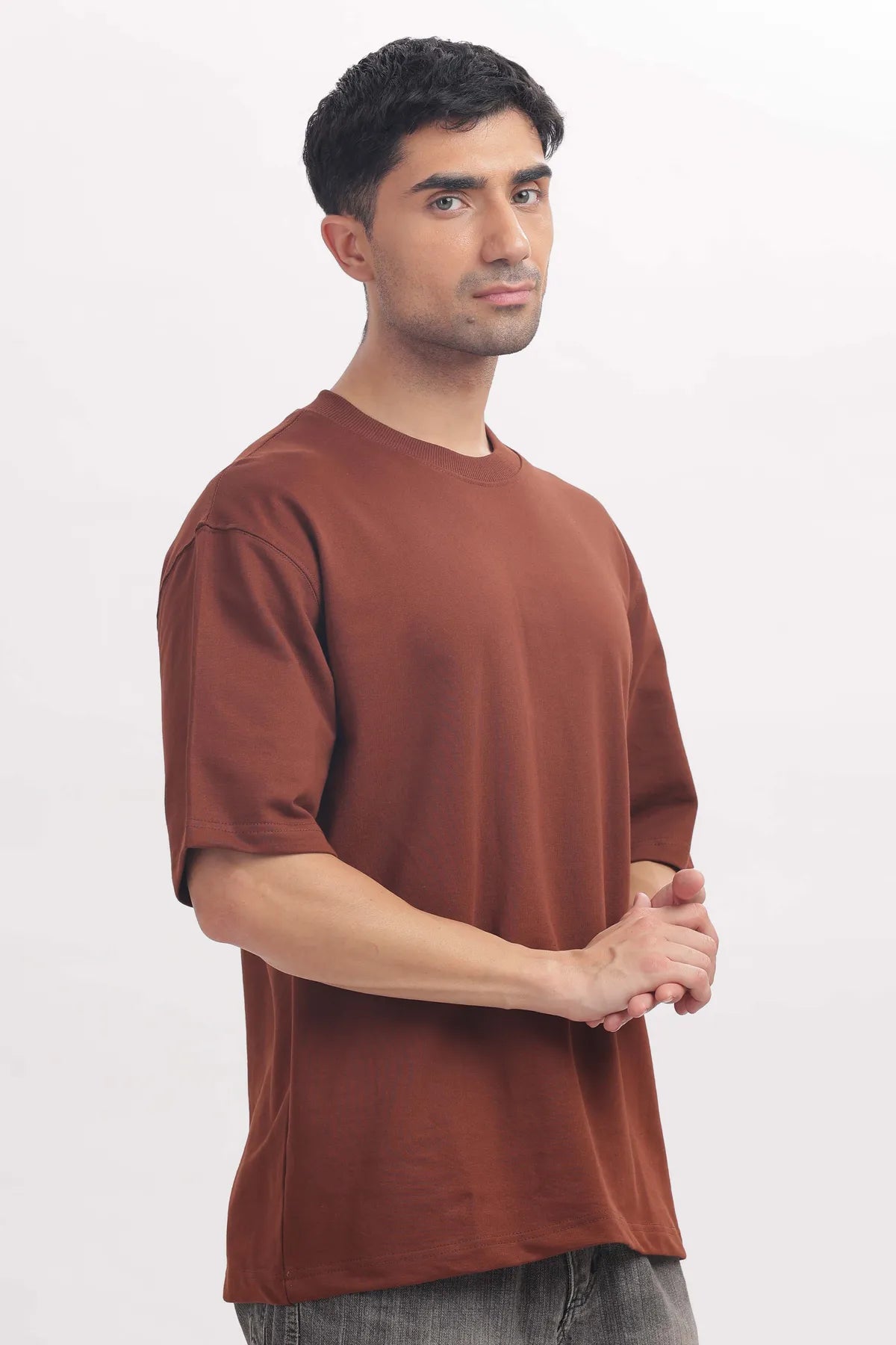 Brown  Mens Round Neck Solid Oversized T-shirt with Logo Embroidery.