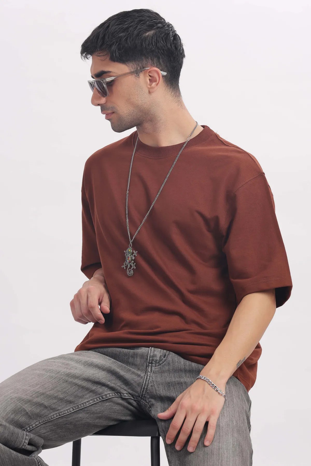 Plain Brown  Mens Round Neck Solid Oversized T-shirt