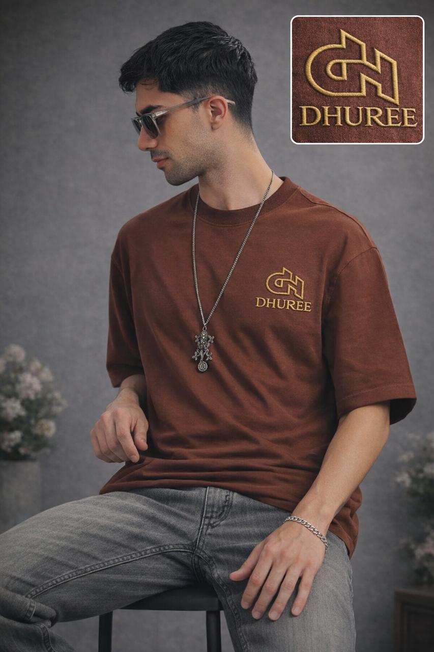 Brown  Mens Round Neck Solid Oversized T-shirt with Logo Embroidery.