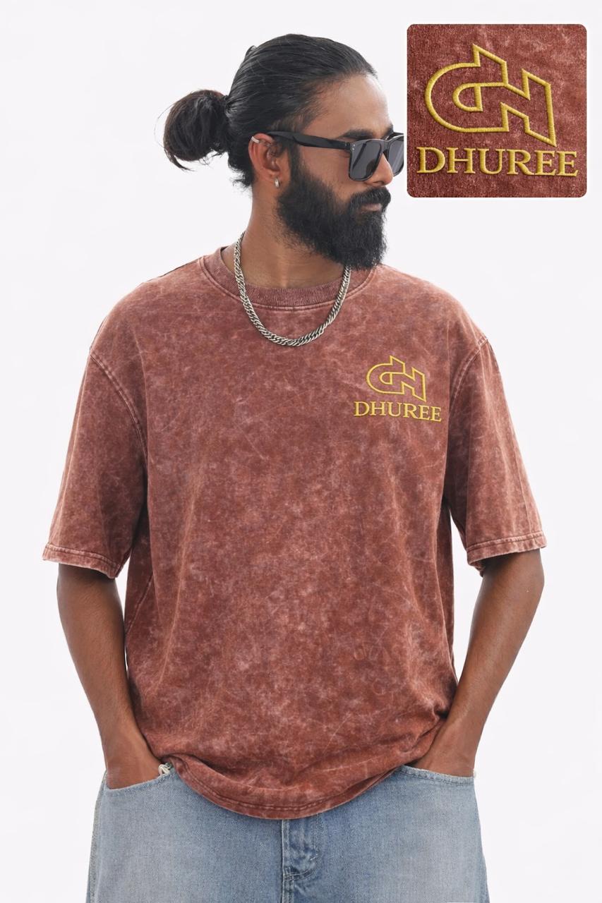Acid  Wash Chocholate Brown Premium Cotton Over sized T Shirt for Men with Logo Embroidery.